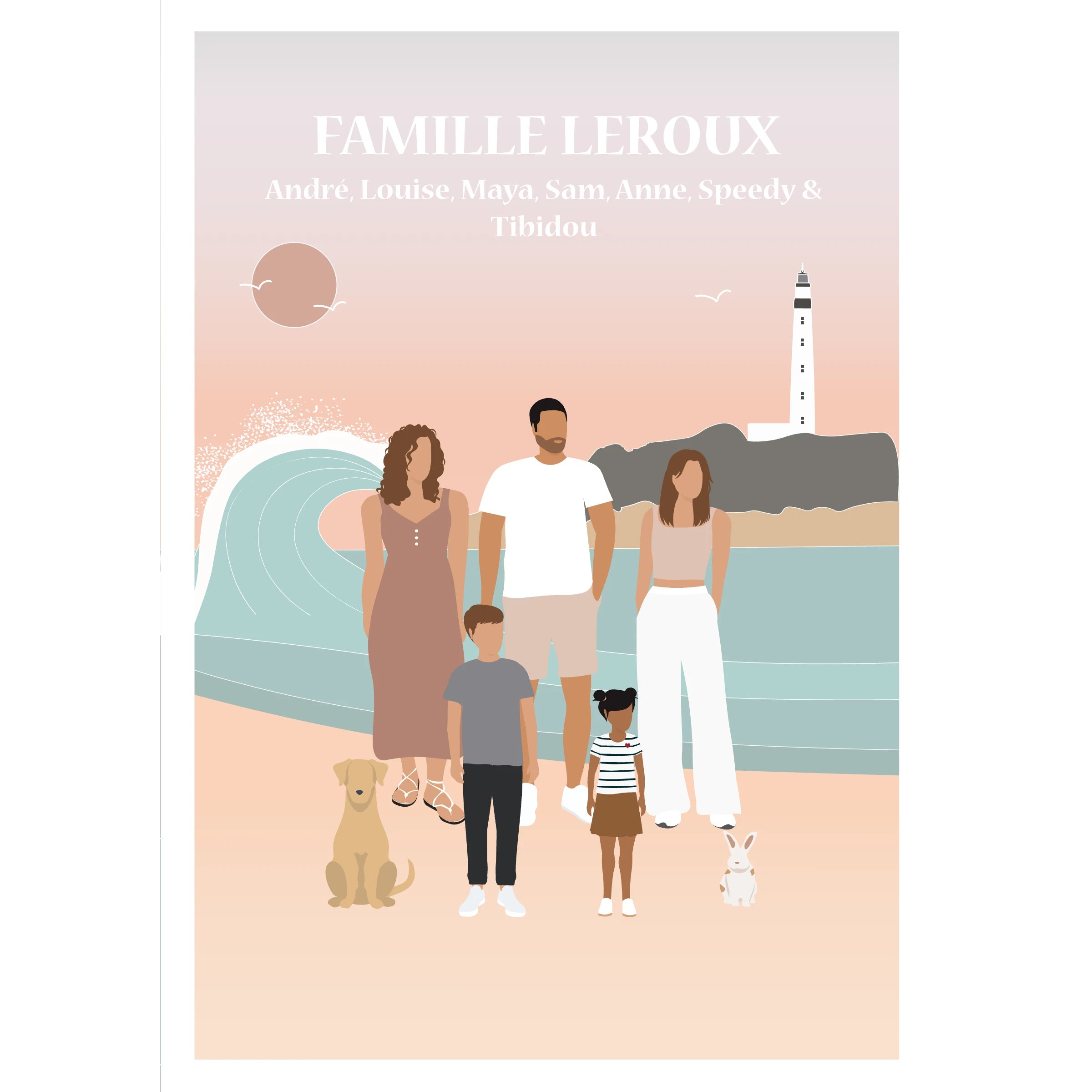 Affiche illustrée et personnalisée représentant une famille à la plage, sur le sable face à la mer