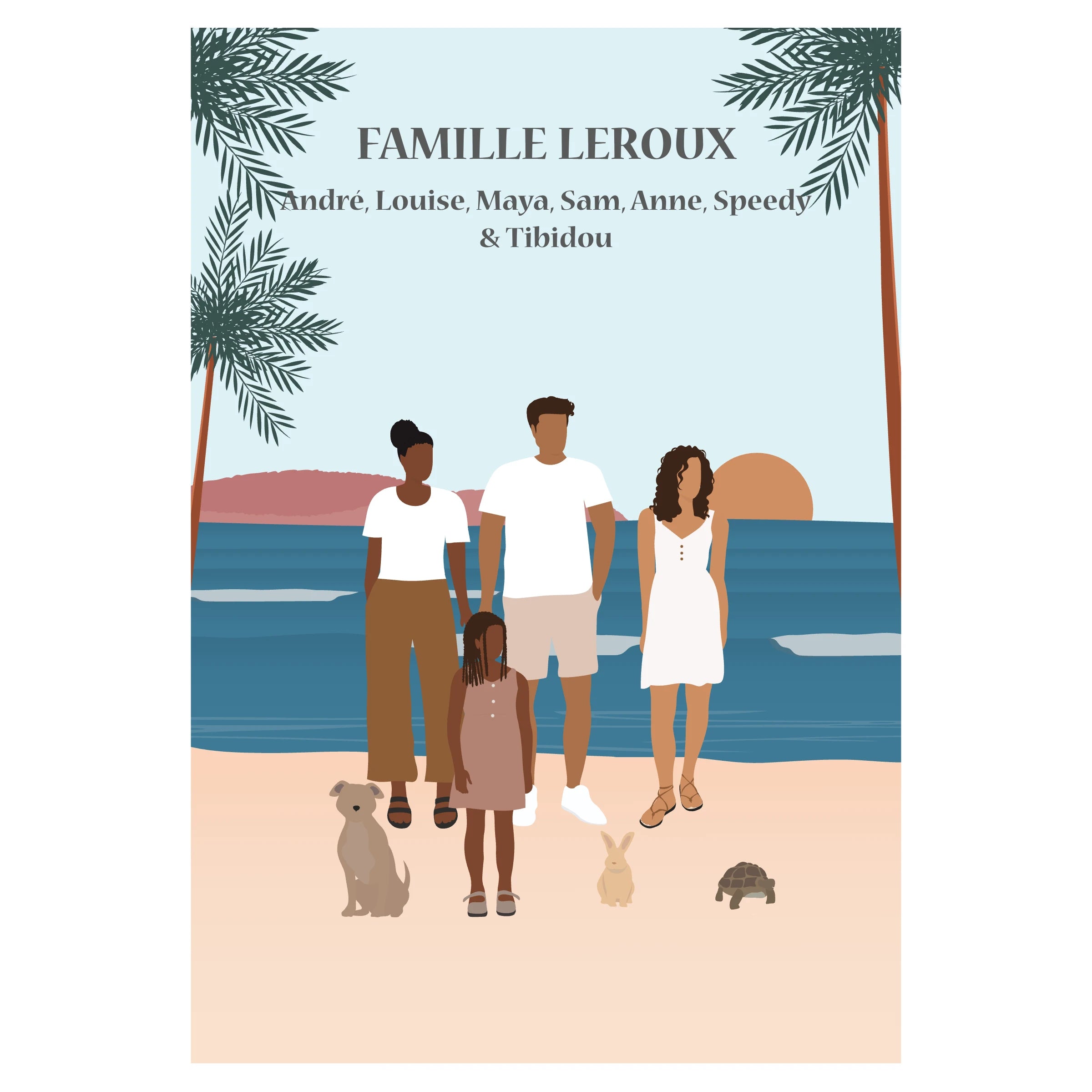 Affiche illustrée et personnalisée représentant une famille à la plage, sur le sable face à la mer