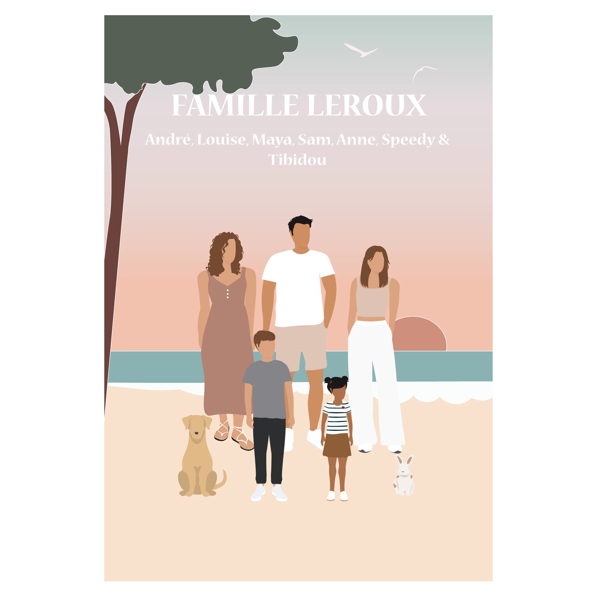 Affiche illustrée et personnalisée représentant une famille à la plage, sur le sable face à la mer
