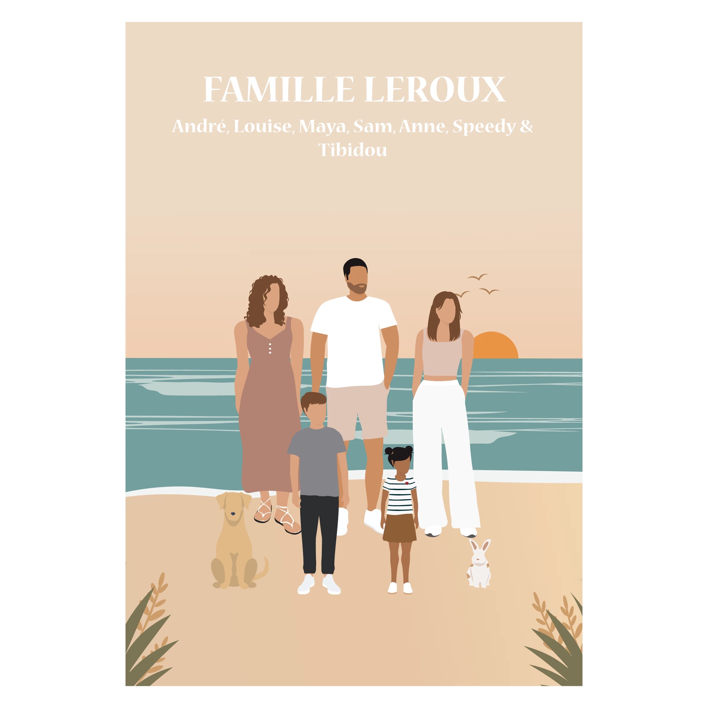 Affiche illustrée et personnalisée représentant une famille à la plage, sur le sable face à la mer