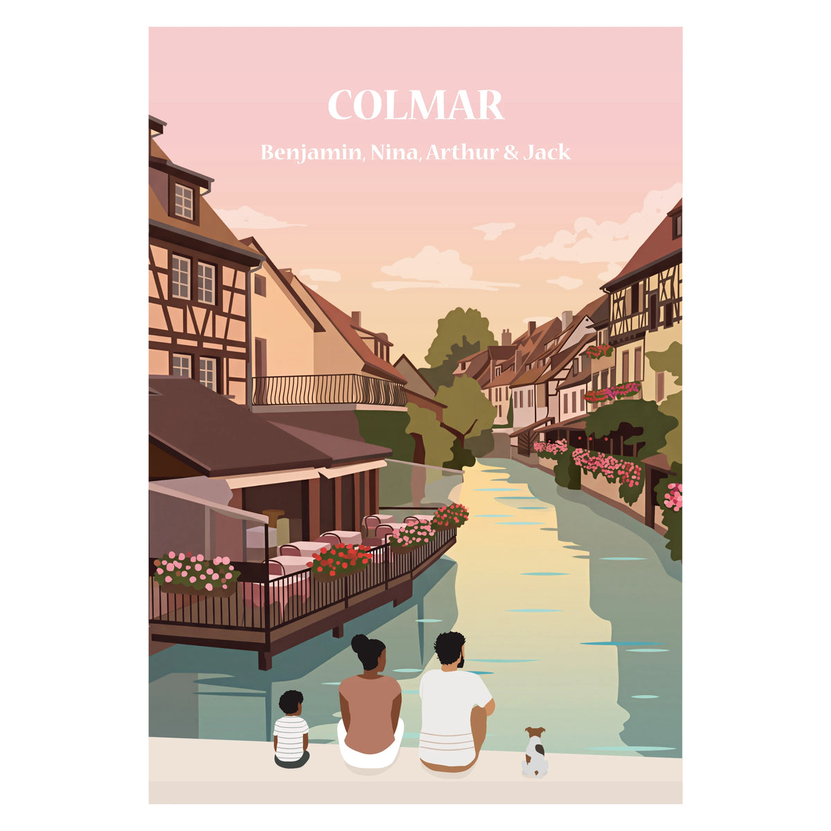 une famille assise sur un banc face à Colmar
