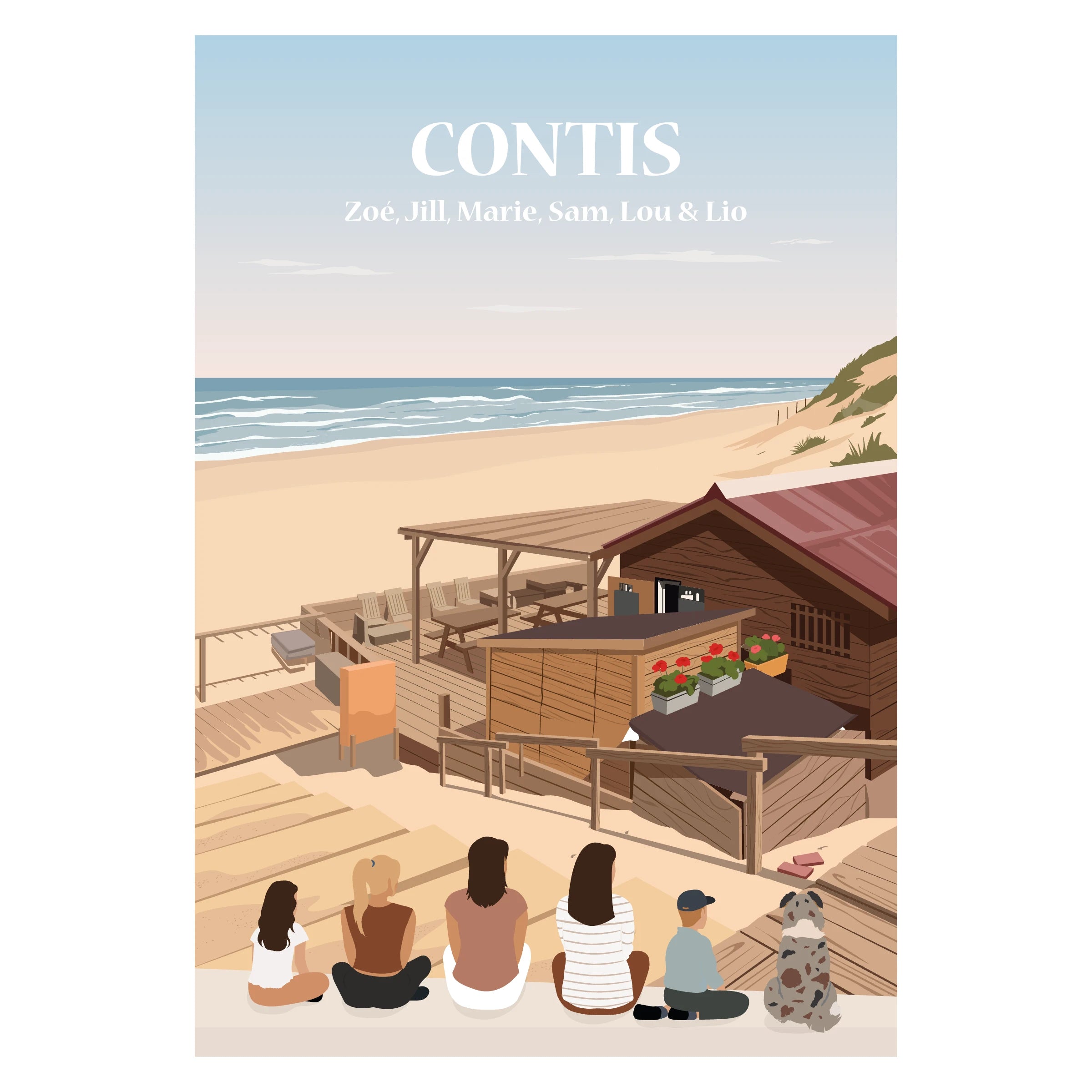 Affiche illustrée d'une famille assise en face de la plage de Contis.