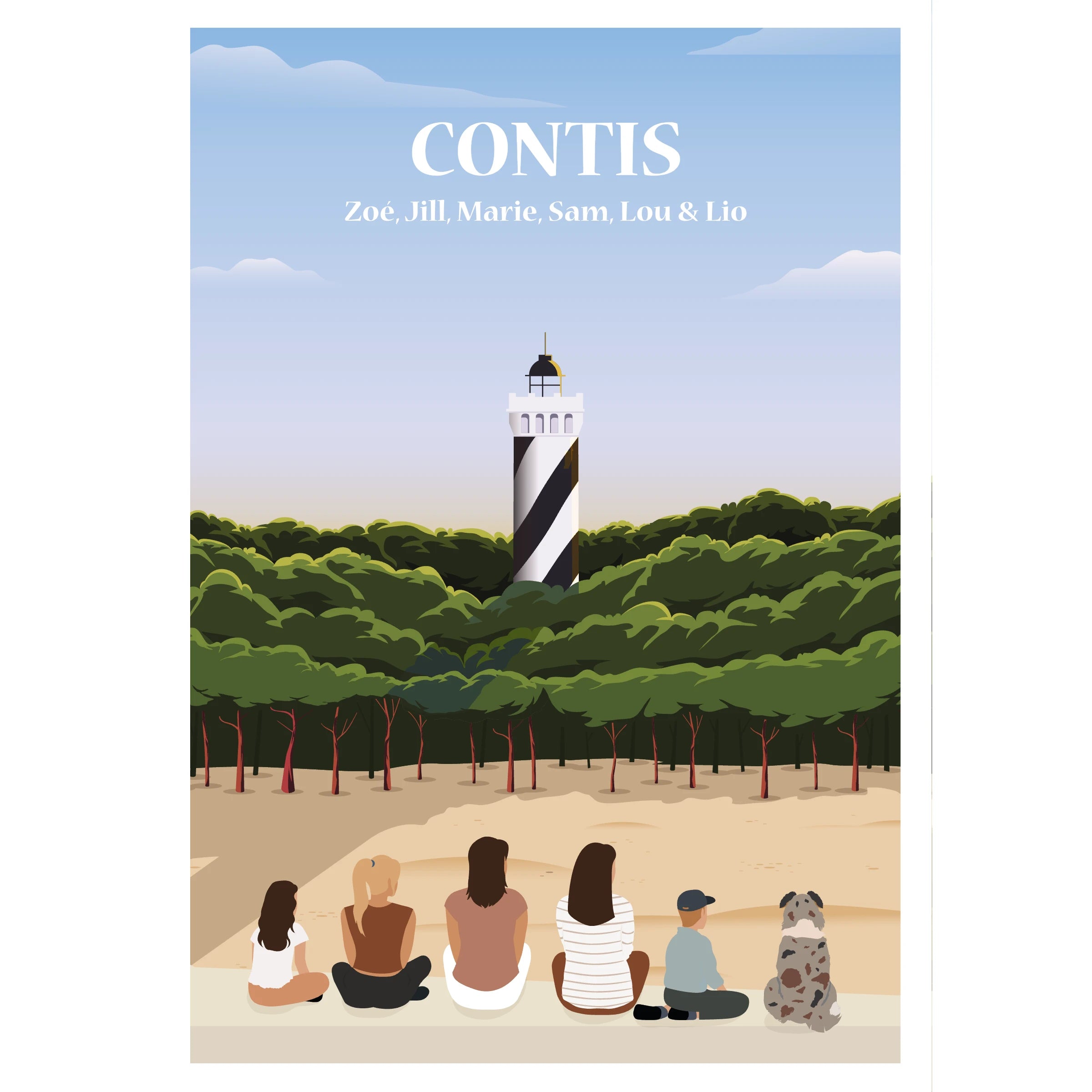Affiche illustrée d'une famille assise en face de la plage de Contis.