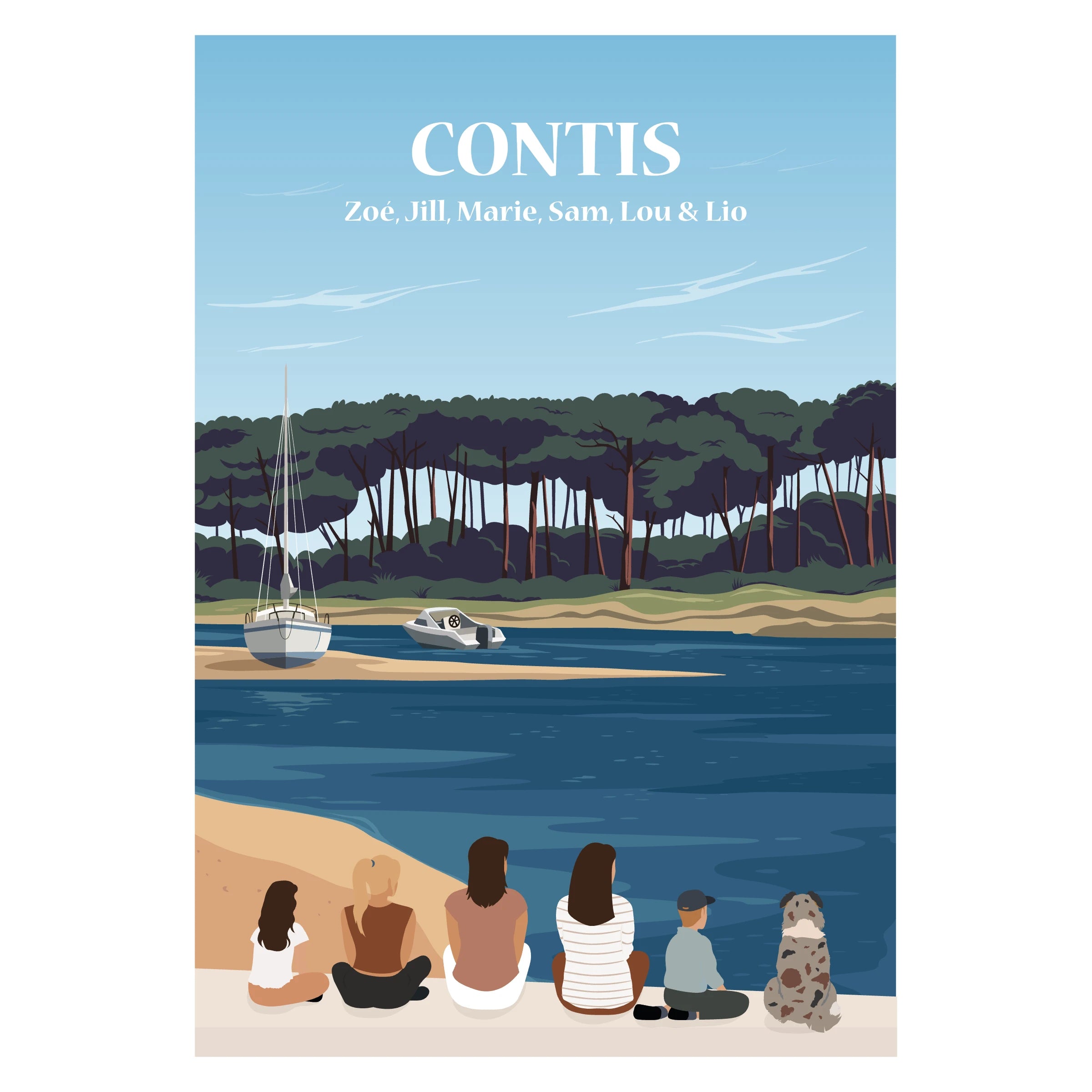 Affiche illustrée d'une famille assise en face de la plage de Contis.