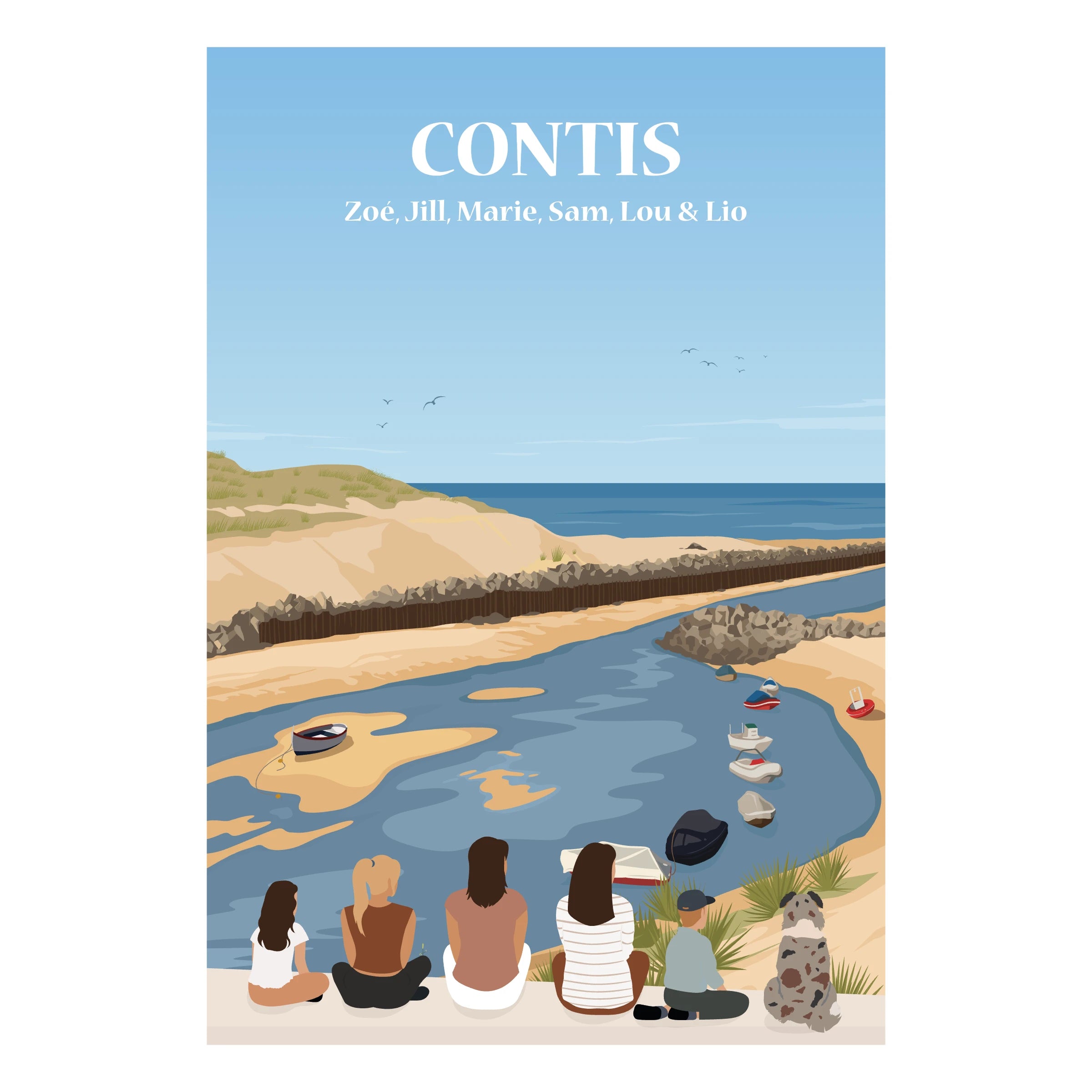 Affiche illustrée d'une famille assise en face de la plage de Contis.