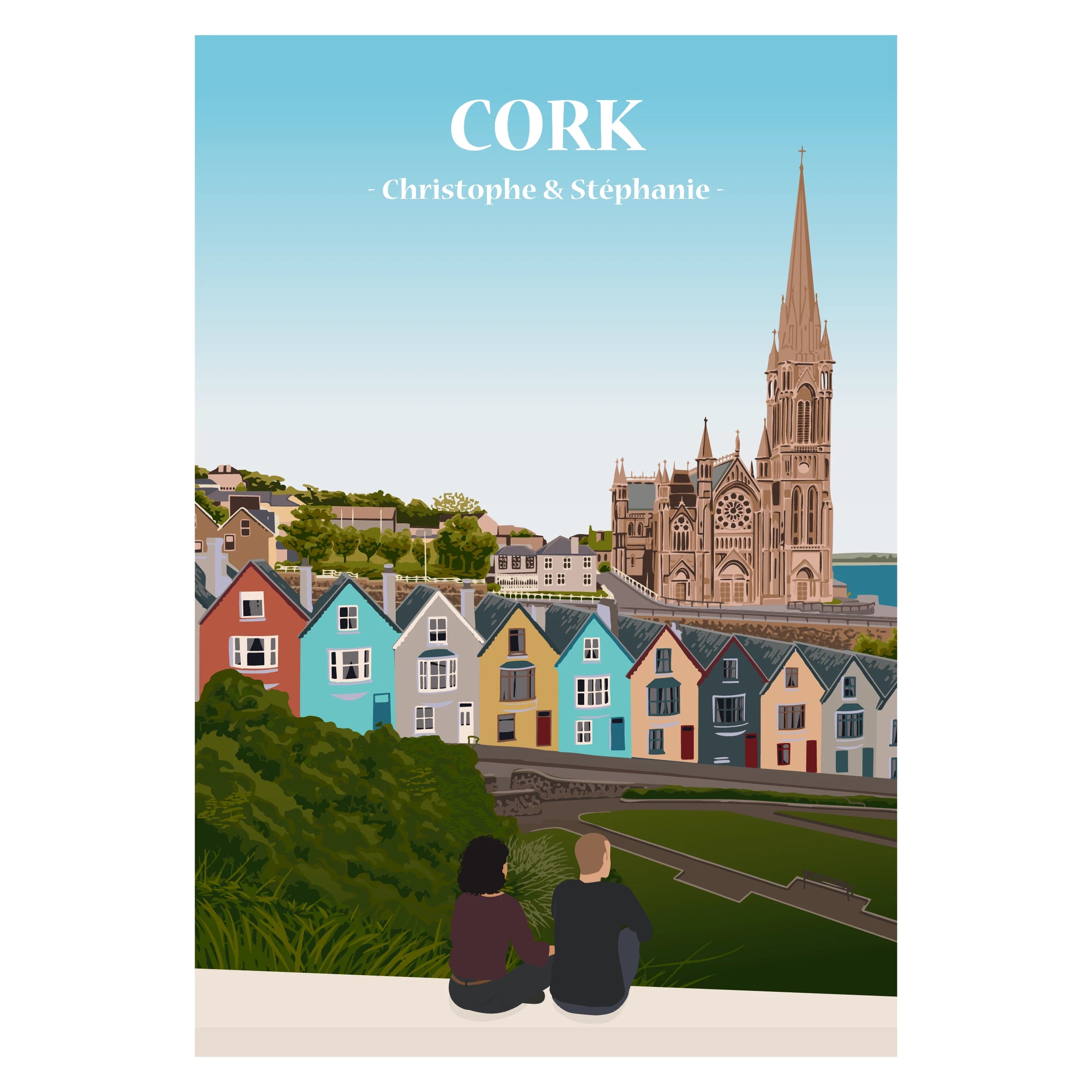 Affiche illustrée et personnalisable représentant une famille face à la ville de Cork, entourée de ses rues colorées, de la rivière Lee et des paysages emblématiques du sud de l’Irlande.