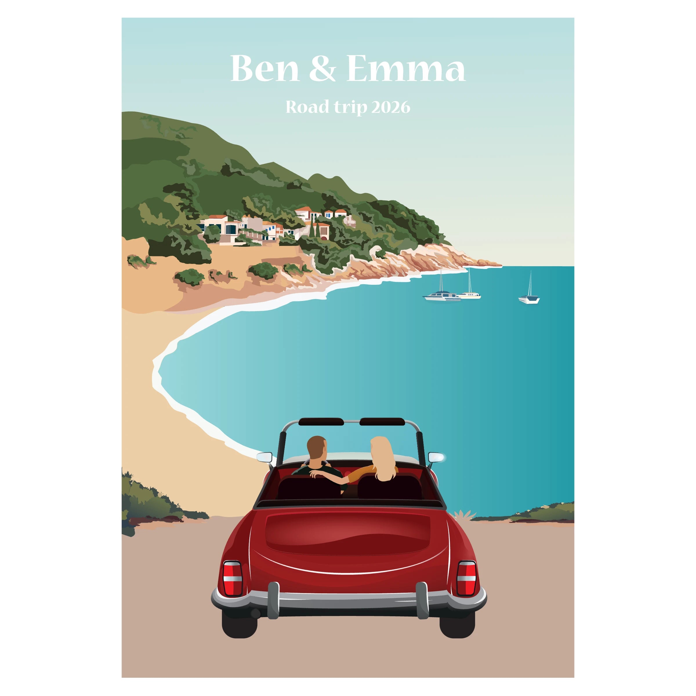 Affiche d'un couple, vu de dos dans une décapotable face à la mer, profite d’un moment romantique et d’évasion lors d’un road trip au bord de l’océan.