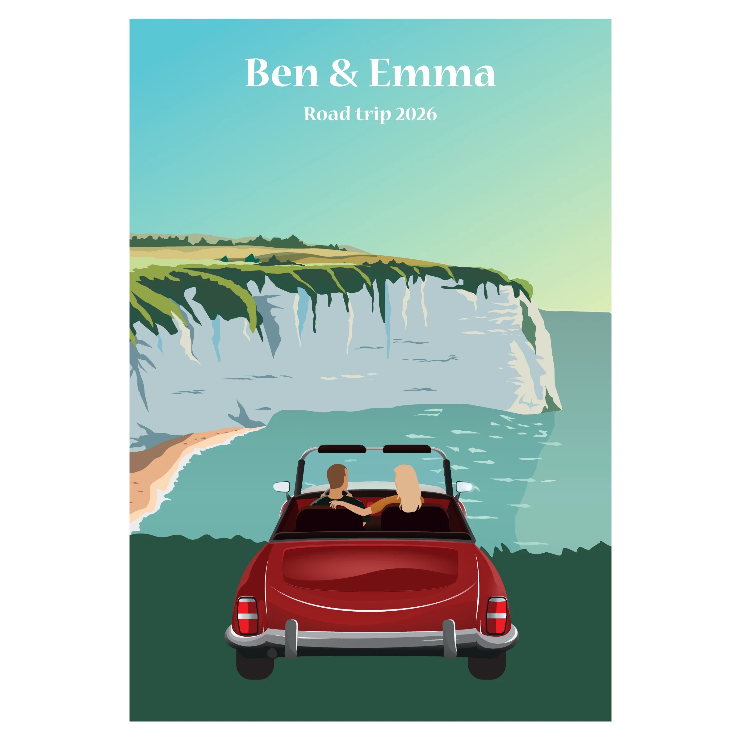 Affiche d'un couple, vu de dos dans une décapotable face à la mer, profite d’un moment romantique et d’évasion lors d’un road trip au bord de l’océan.