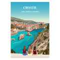 trois amies assise sur un banc face à une paysage de Croatie