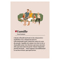 Affiche personnalisable avec une famille illustrée sur un canapé et la définition tendre et amusante du mot «Famille».