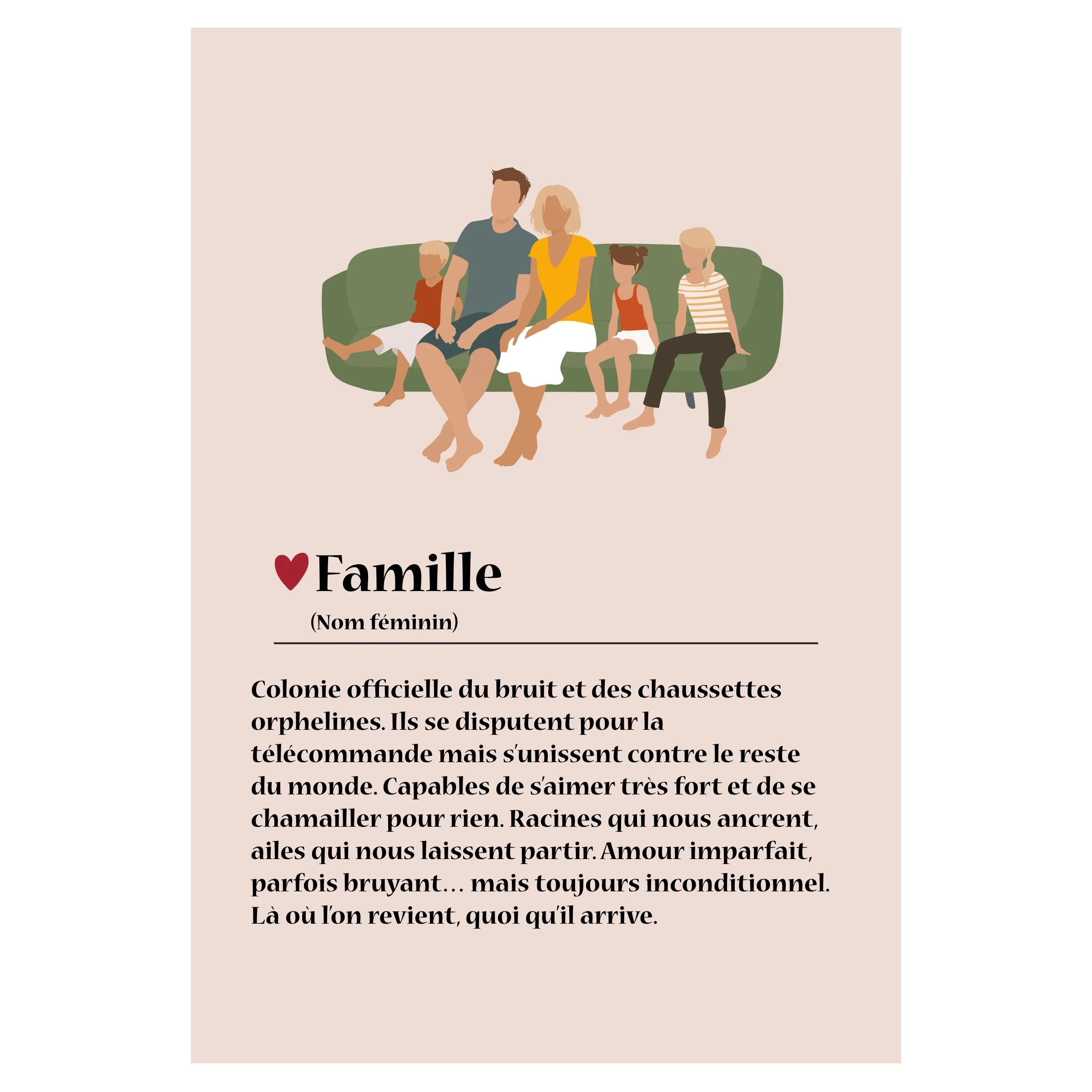 Affiche personnalisable avec une famille illustrée sur un canapé et la définition tendre et amusante du mot «Famille».