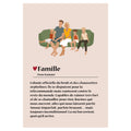 Affiche personnalisable avec une famille illustrée sur un canapé et la définition tendre et amusante du mot «Famille».