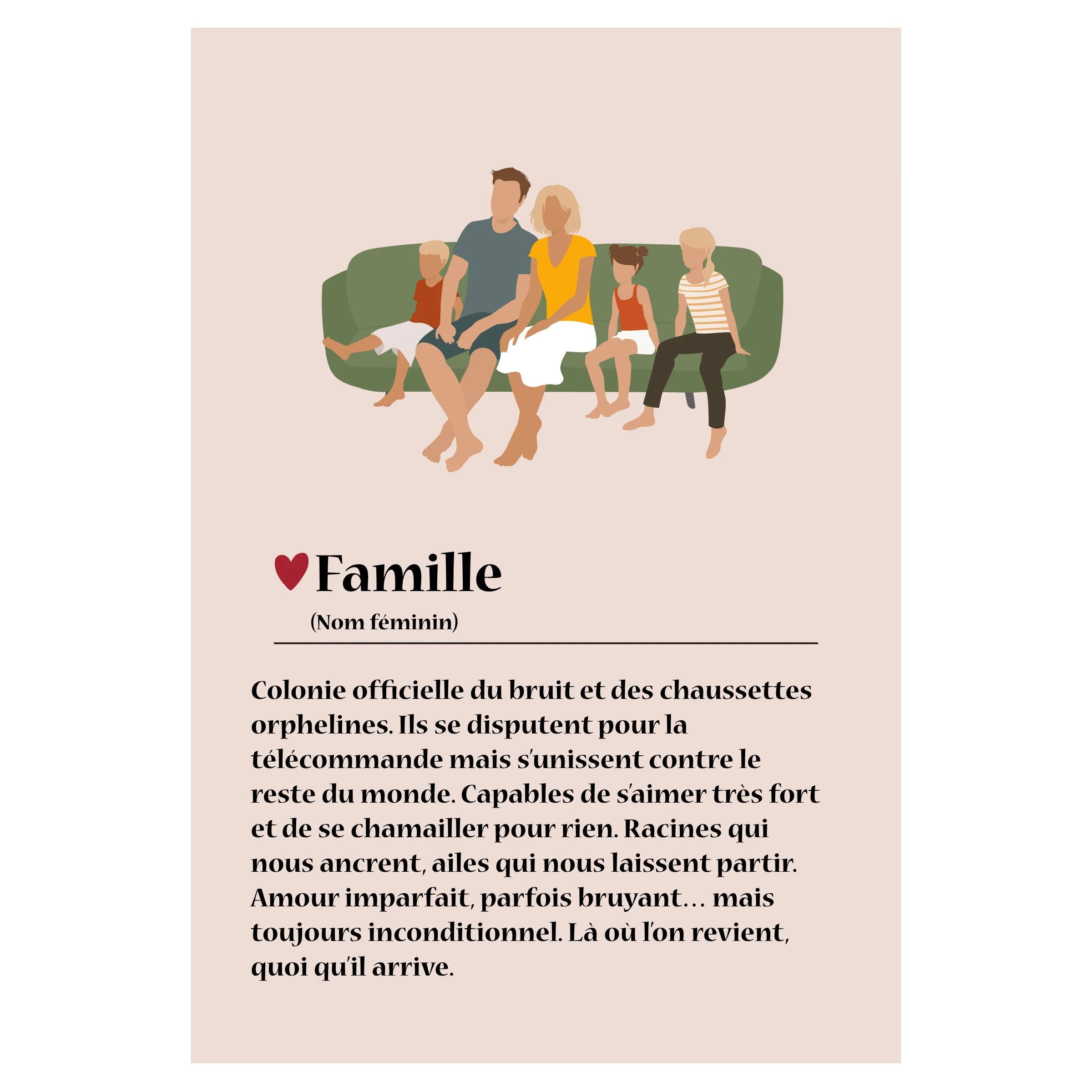 Affiche personnalisable avec une famille illustrée sur un canapé et la définition tendre et amusante du mot «Famille».