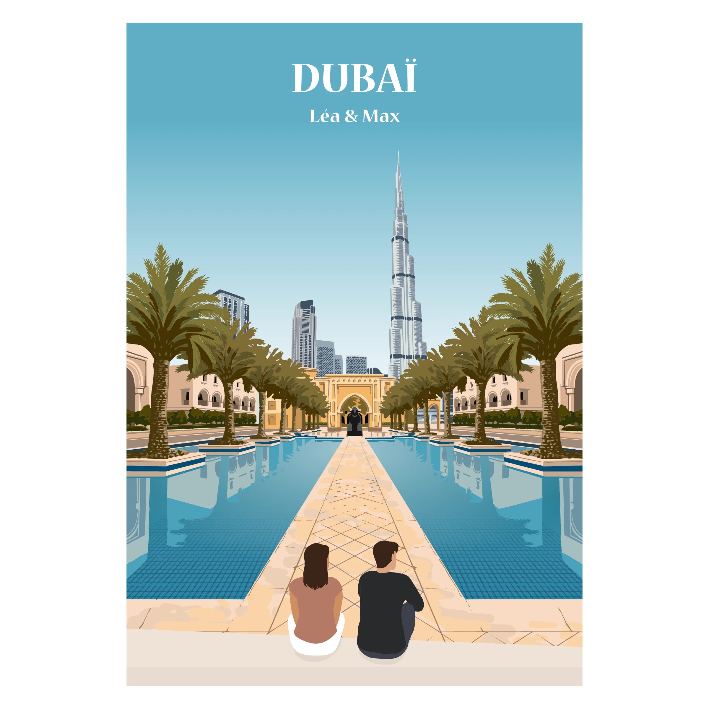 Affiche illustrée et personnalisable représentant une famille face aux fontaines d’un hôtel à Dubaï, avec vue sur le Burj Khalifa et les paysages emblématiques de la ville.