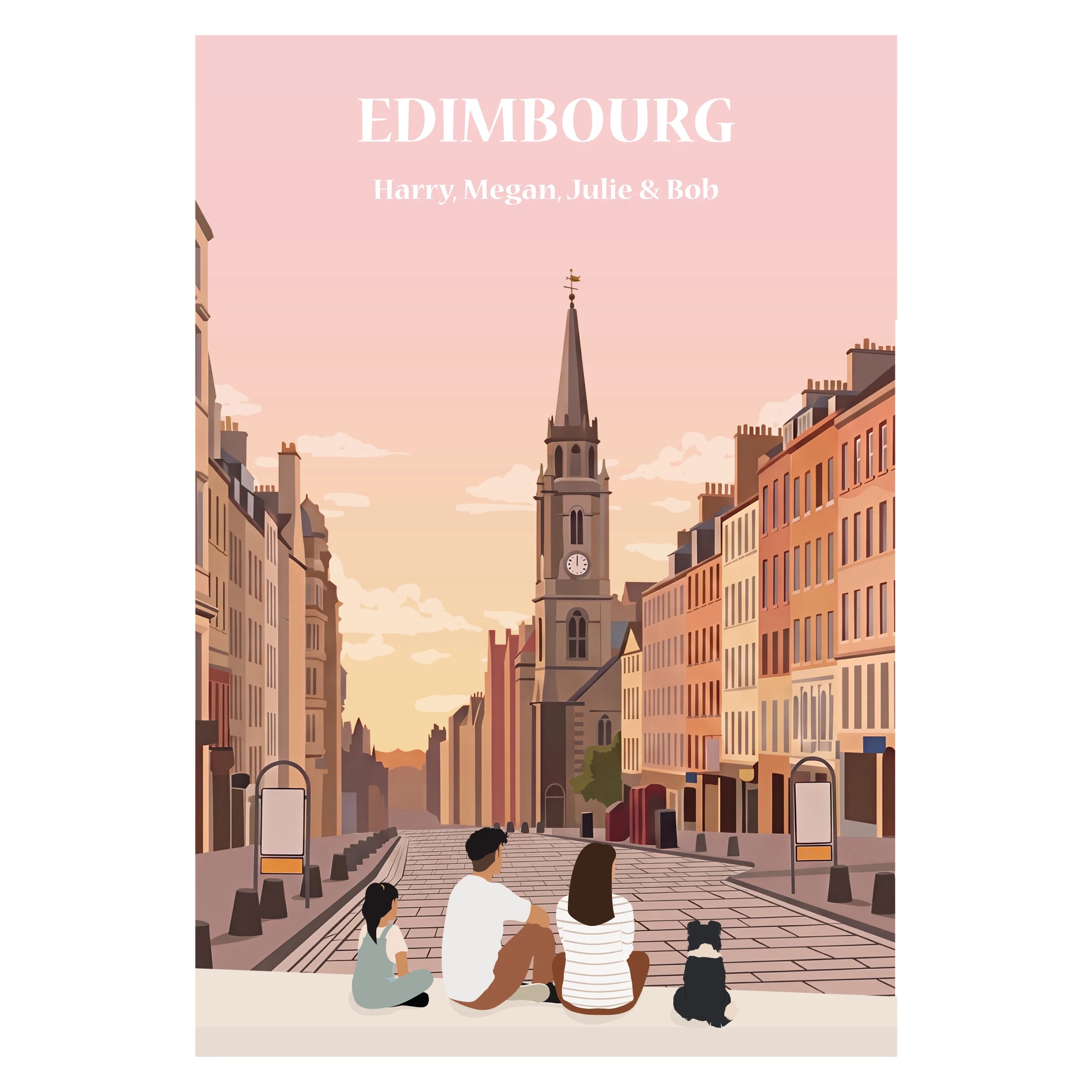 une famille assise sur un banc face à la ville d'Edimbourg en Ecosse