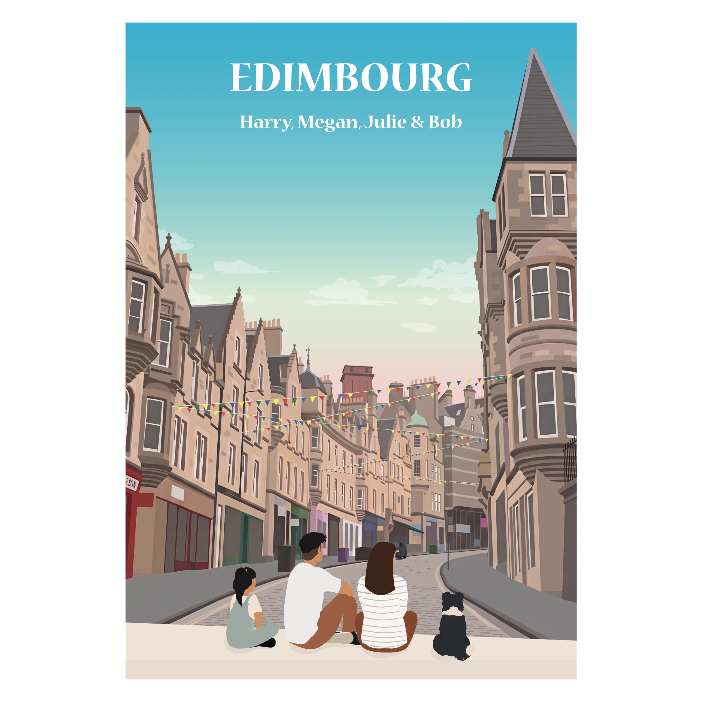 une famille assise sur un banc face à la ville d'Edimbourg en Ecosse