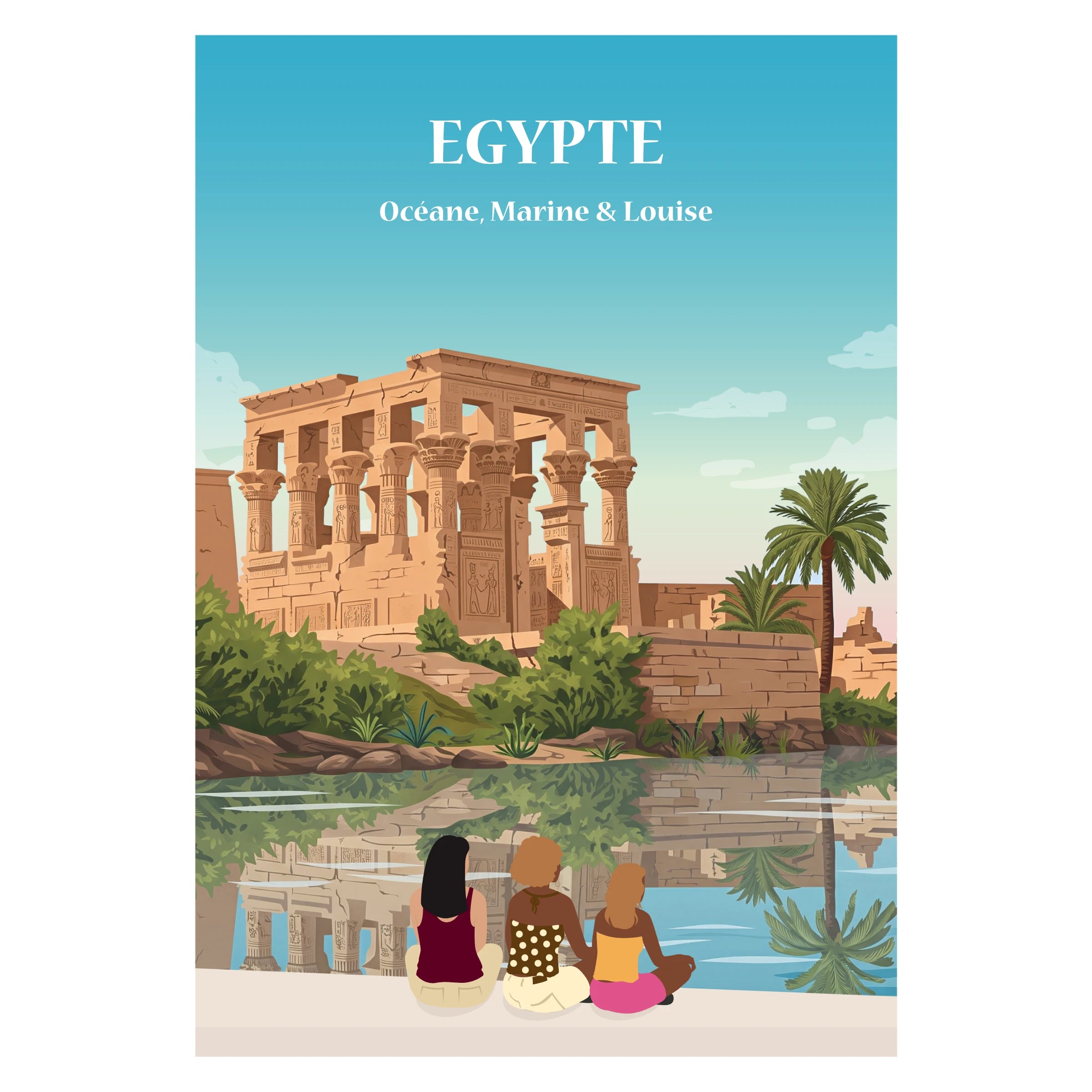une famille assise sur un banc face au Nil et au pyramides égyptiennes