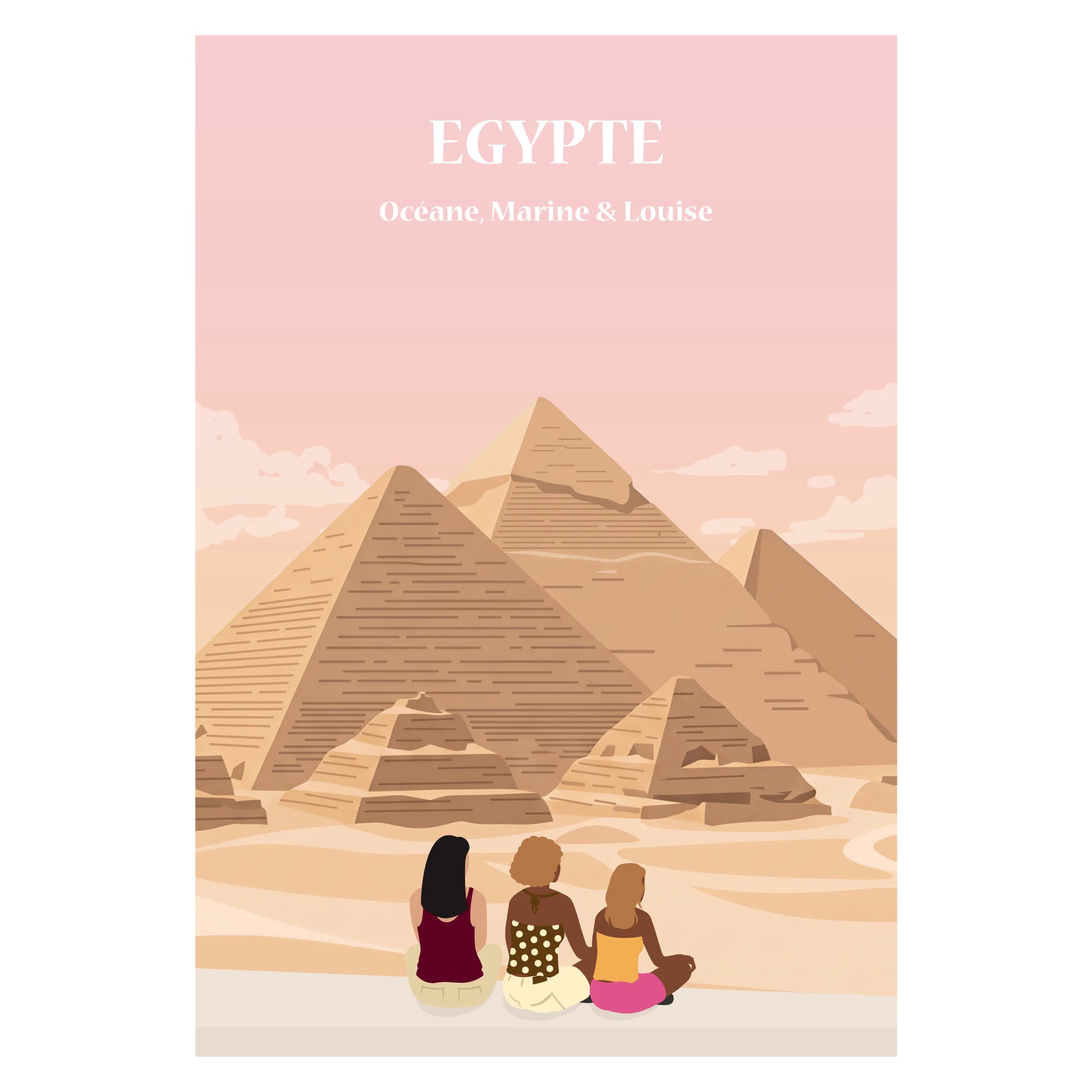 une famille assise sur un banc face au Nil et au pyramides égyptiennes