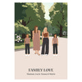 Illustration personnalisable d’une famille debout dans un parc, avec grands-parents, parents et enfants réunis dans un décor naturel.