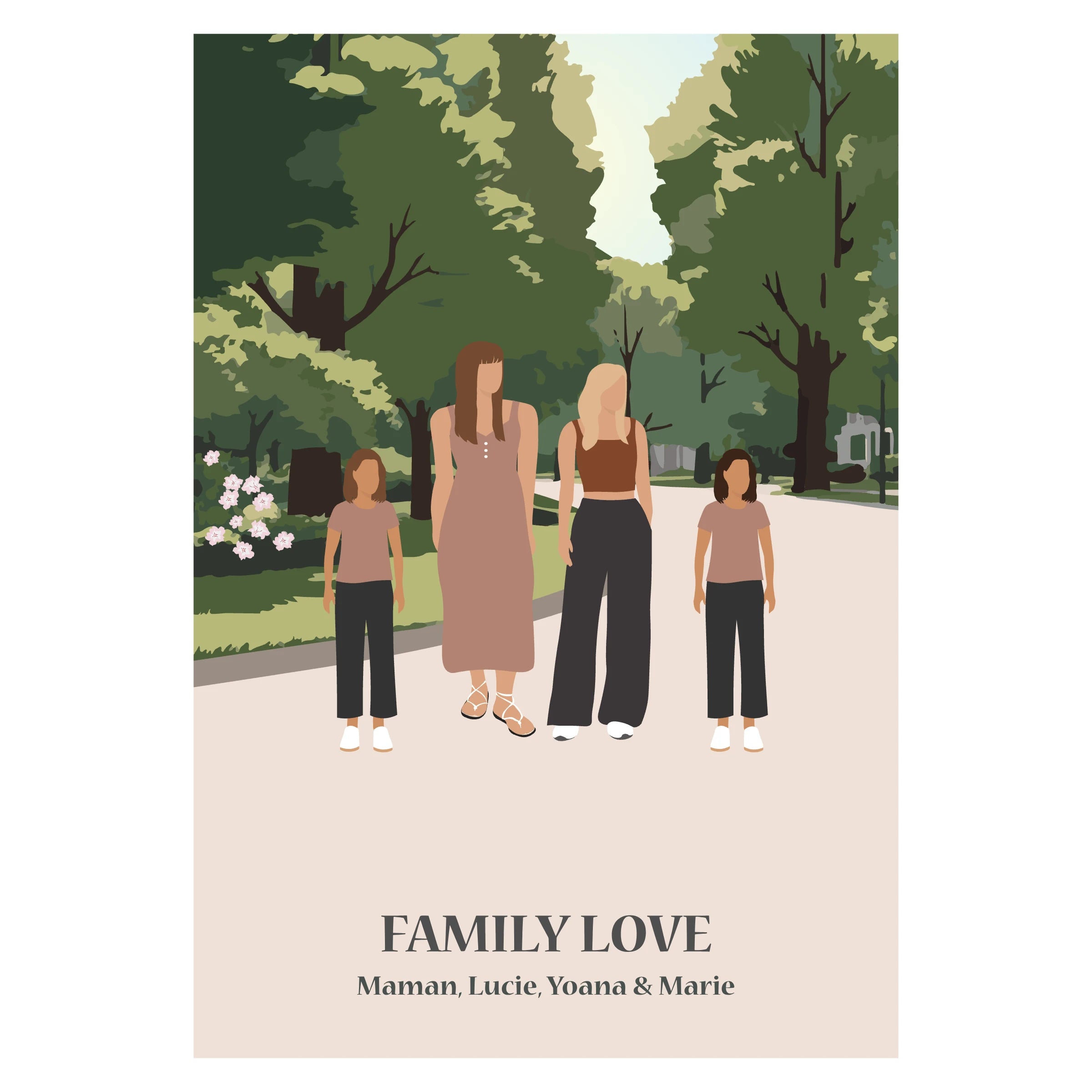Illustration personnalisable d’une famille debout dans un parc, avec grands-parents, parents et enfants réunis dans un décor naturel.