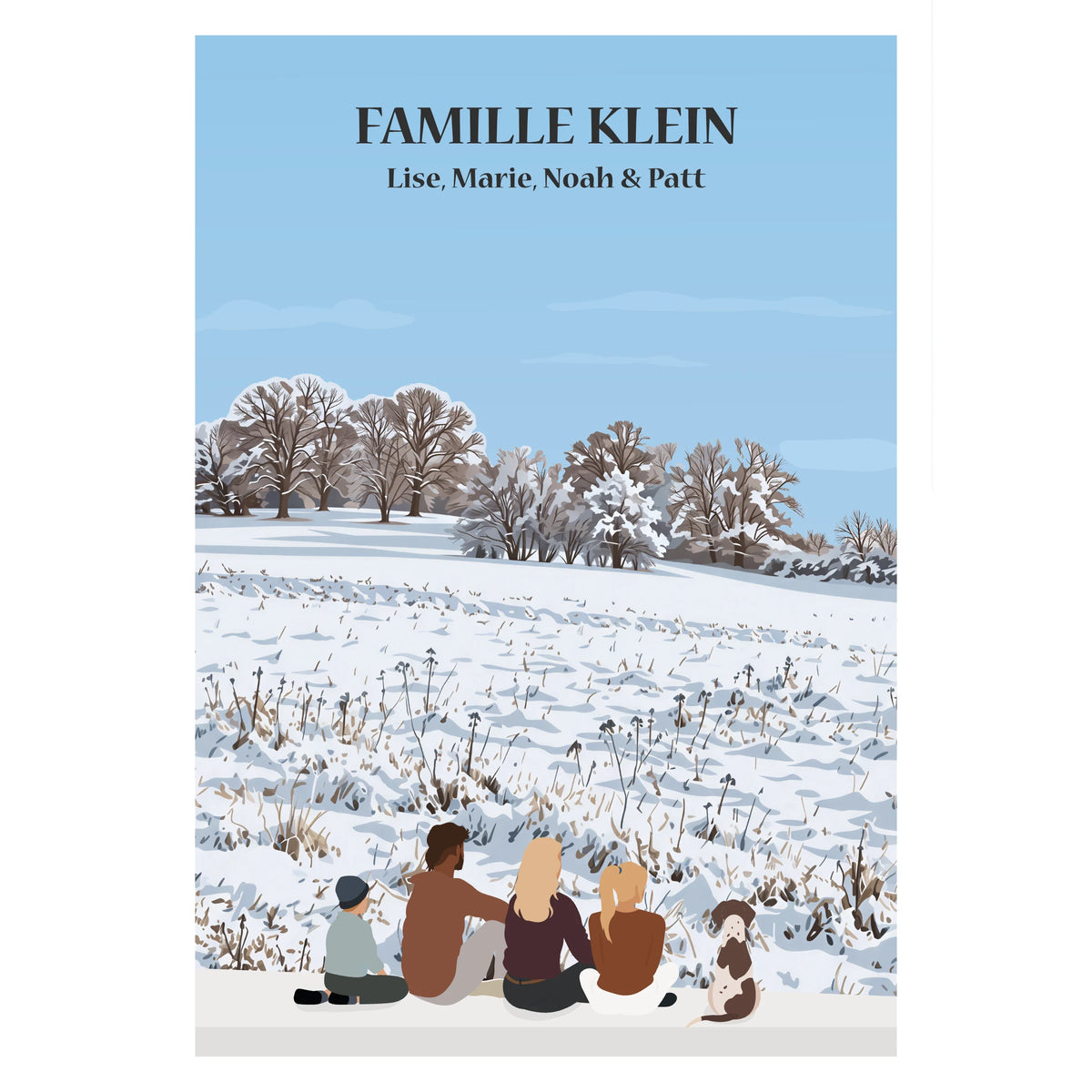 Affiche d'une famille assise dans un décor enneigé