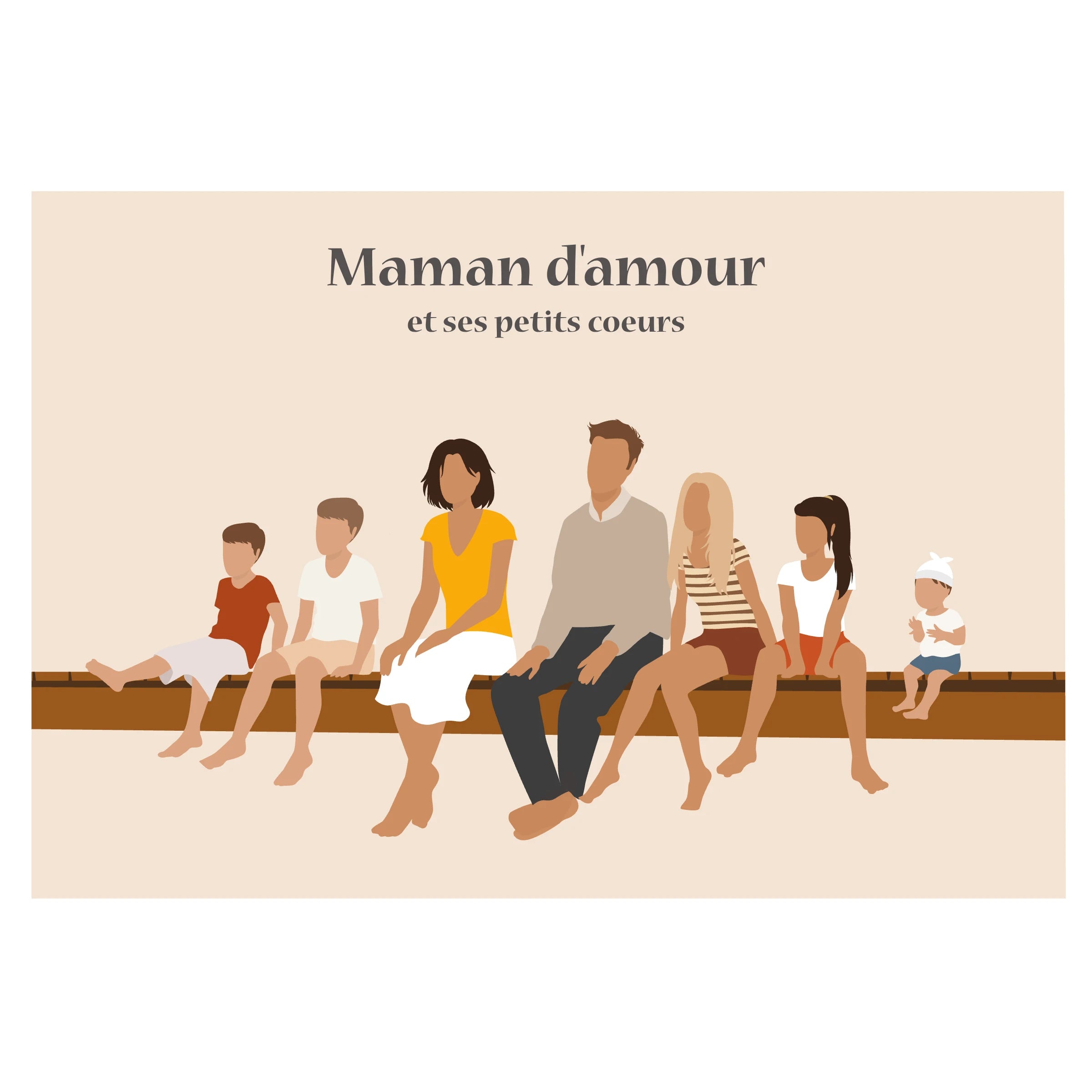 Affiche décorative d'une famille assise sur un ponton, sur un fond beige. 