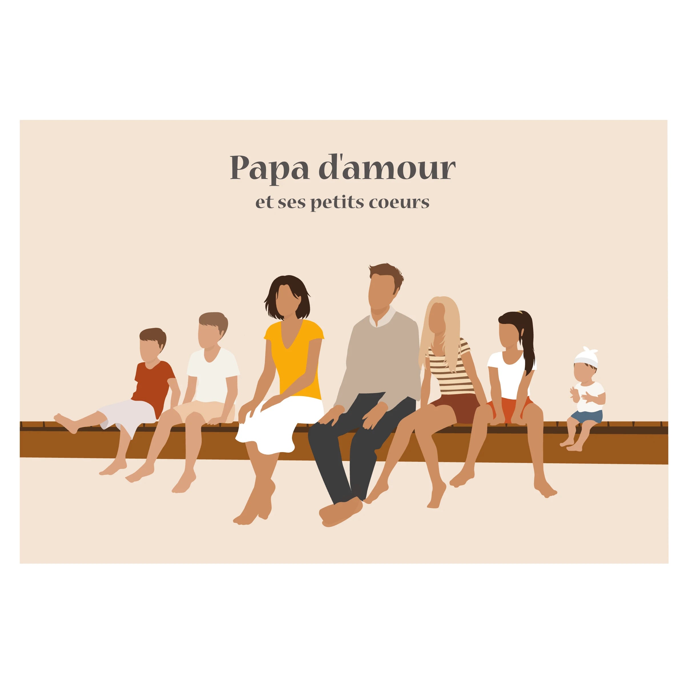 Affiche décorative d'une famille assise sur un ponton, sur un fond beige. 