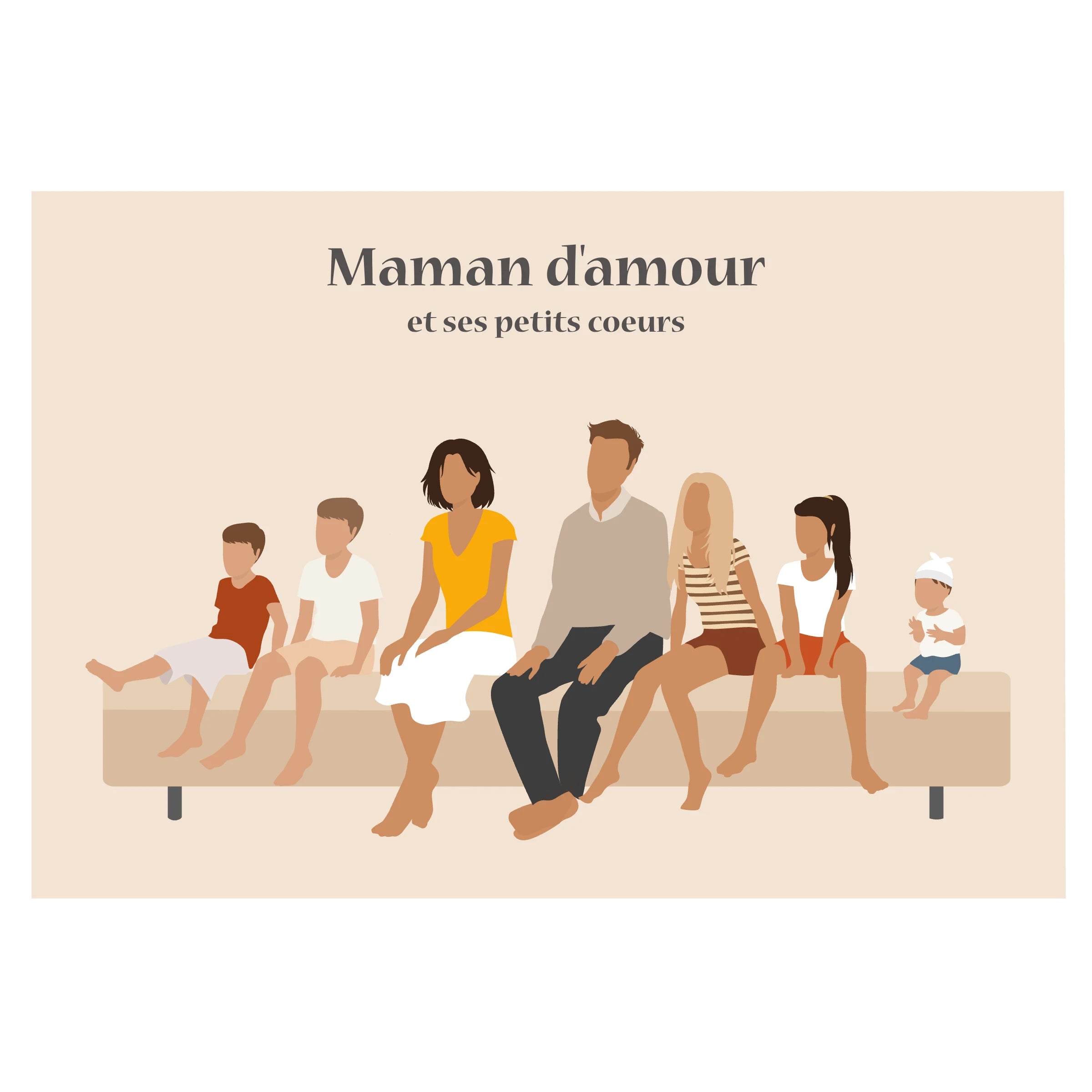 Affiche décorative d'une famille assise sur un ponton, sur un fond beige. 