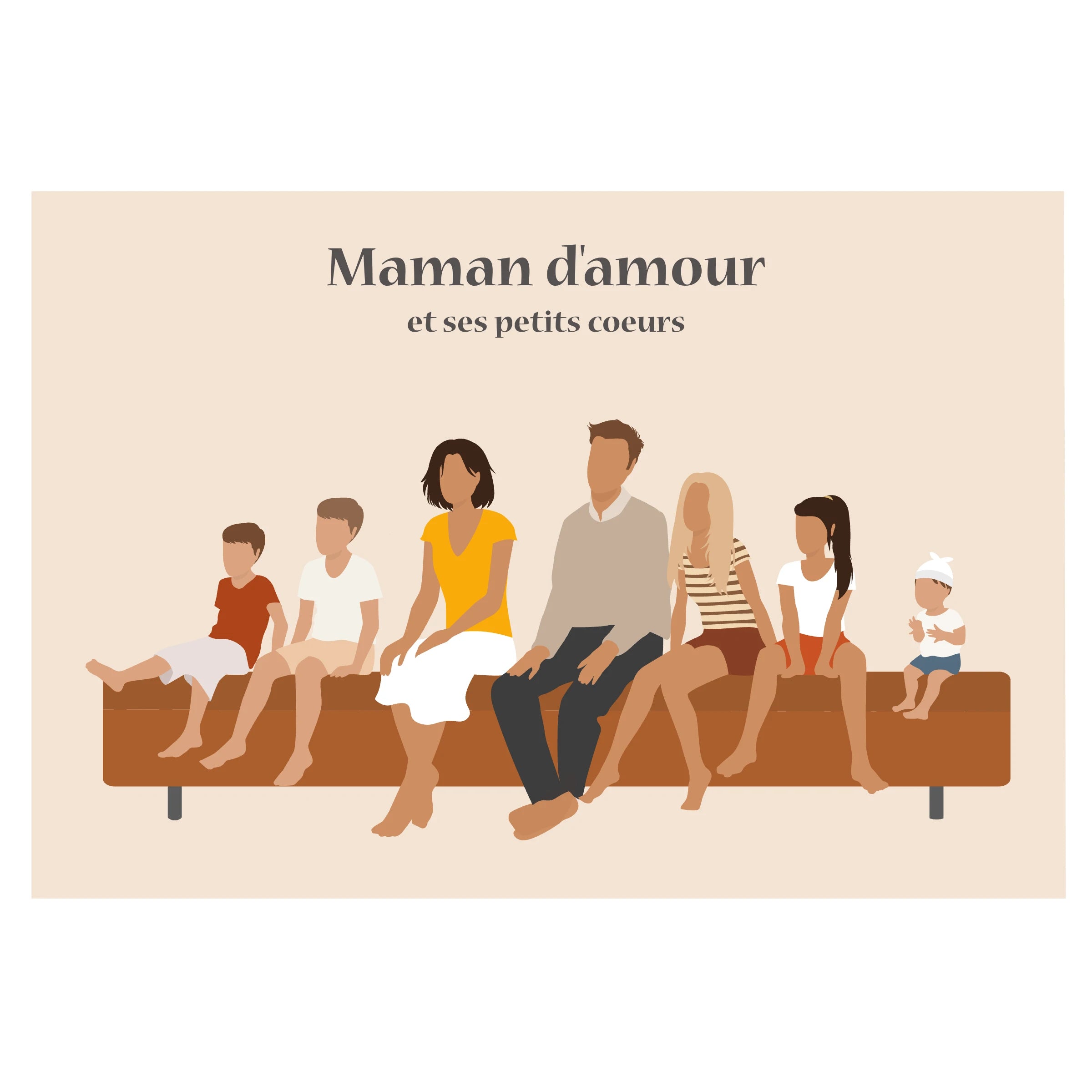 Affiche décorative d'une famille assise sur un ponton, sur un fond beige. 