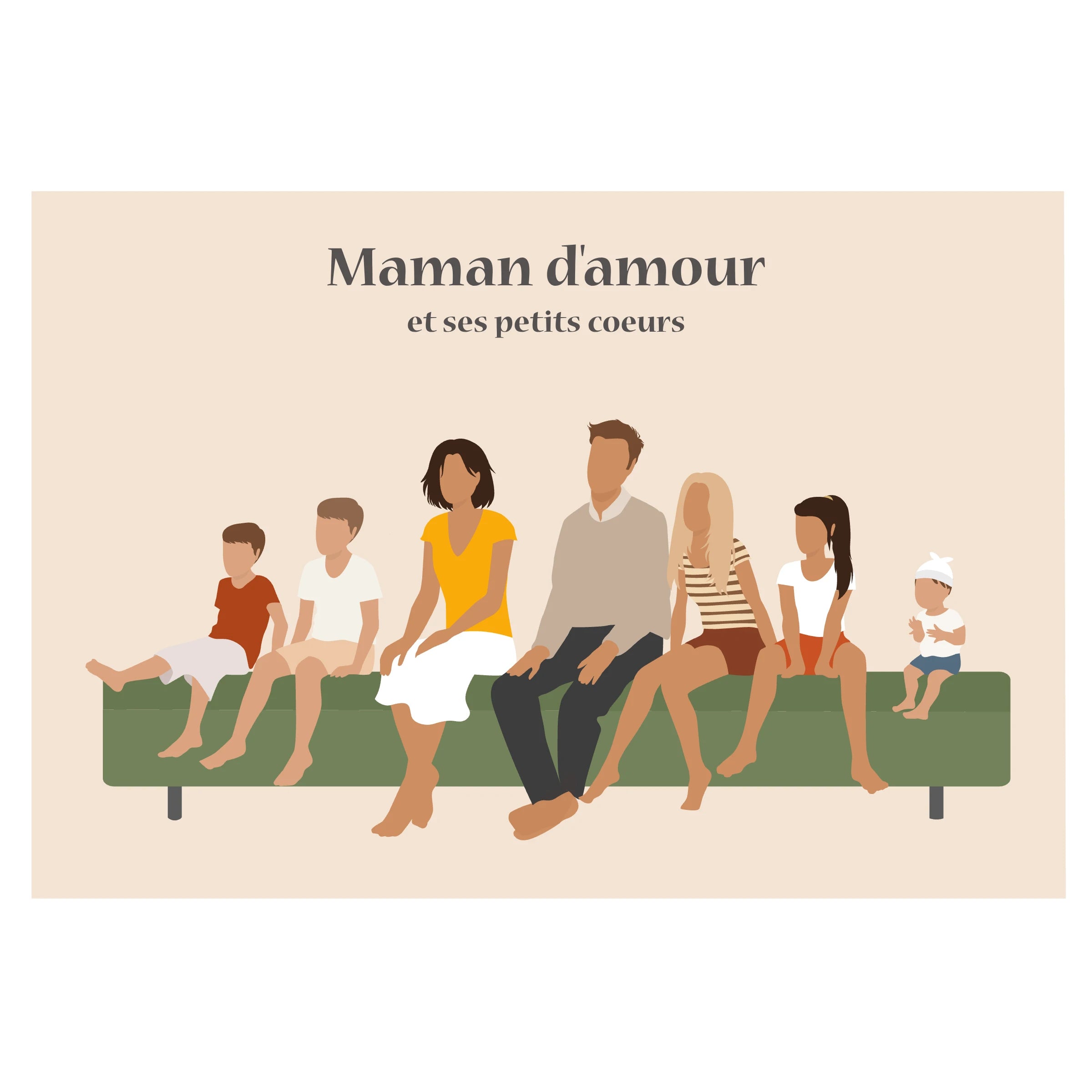 Affiche décorative d'une famille assise sur un ponton, sur un fond beige. 