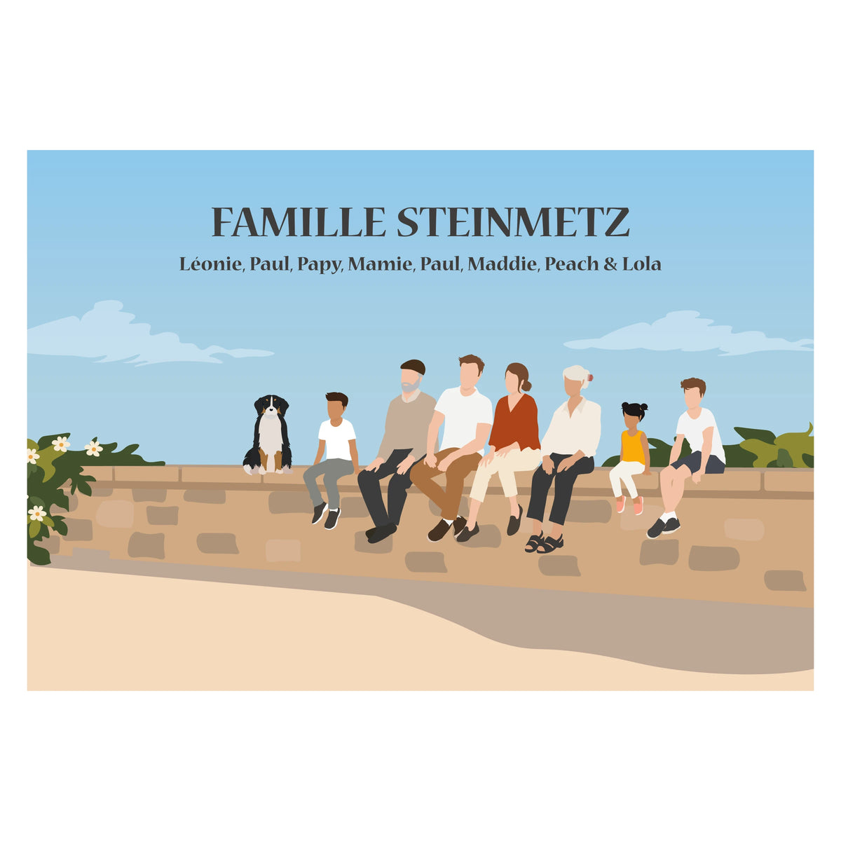 Famille assise sur un muret