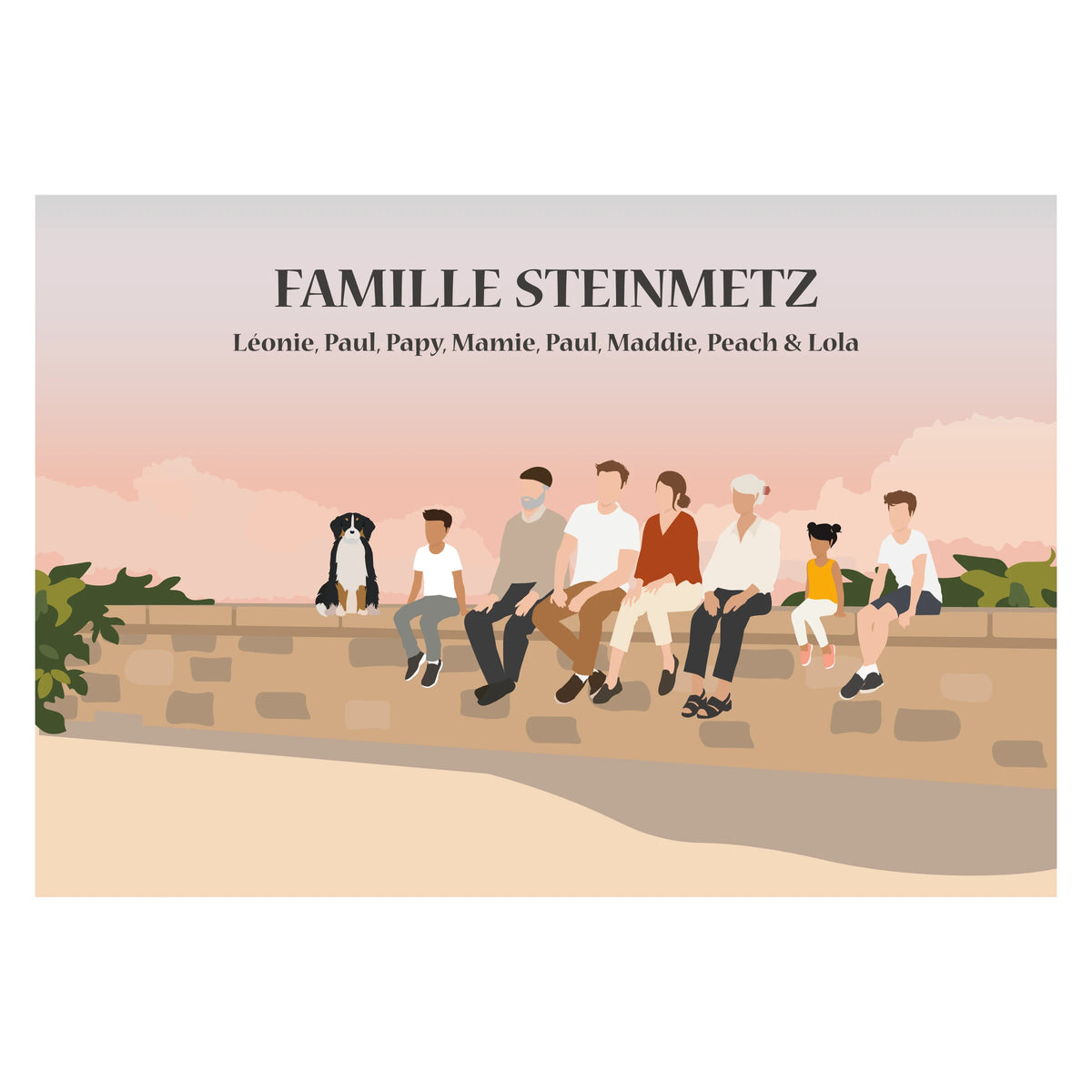 Famille assise sur un muret