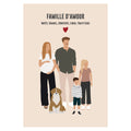 Affiche personnalisée famille sur fond beige - parents, grand-mère, enfants et animaux de compagnie