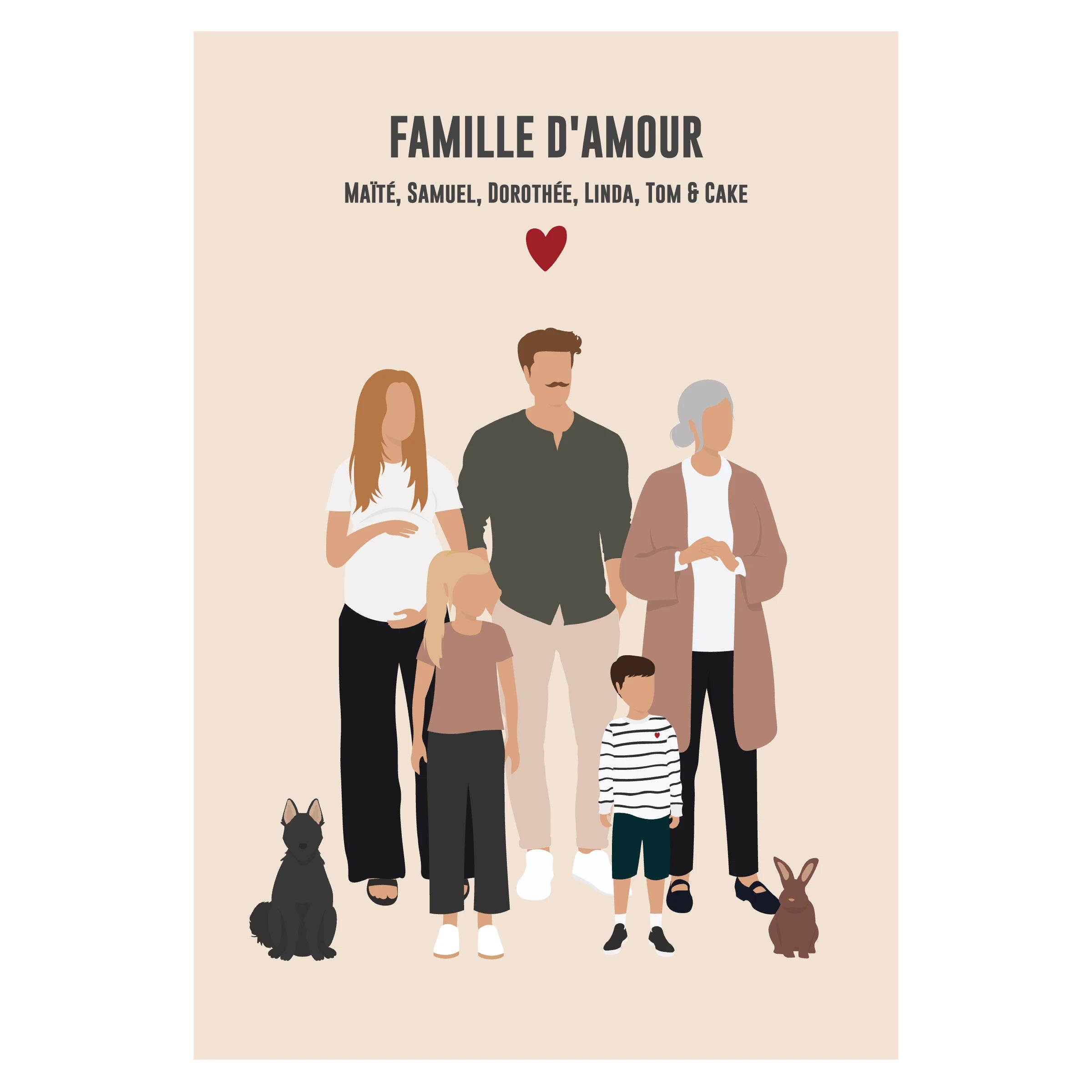 Affiche personnalisée famille sur fond beige - parents, grand-mère, enfants et animaux de compagnie