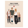 Affiche personnalisée famille sur fond beige - parents, grand-mère, enfants et animaux de compagnie