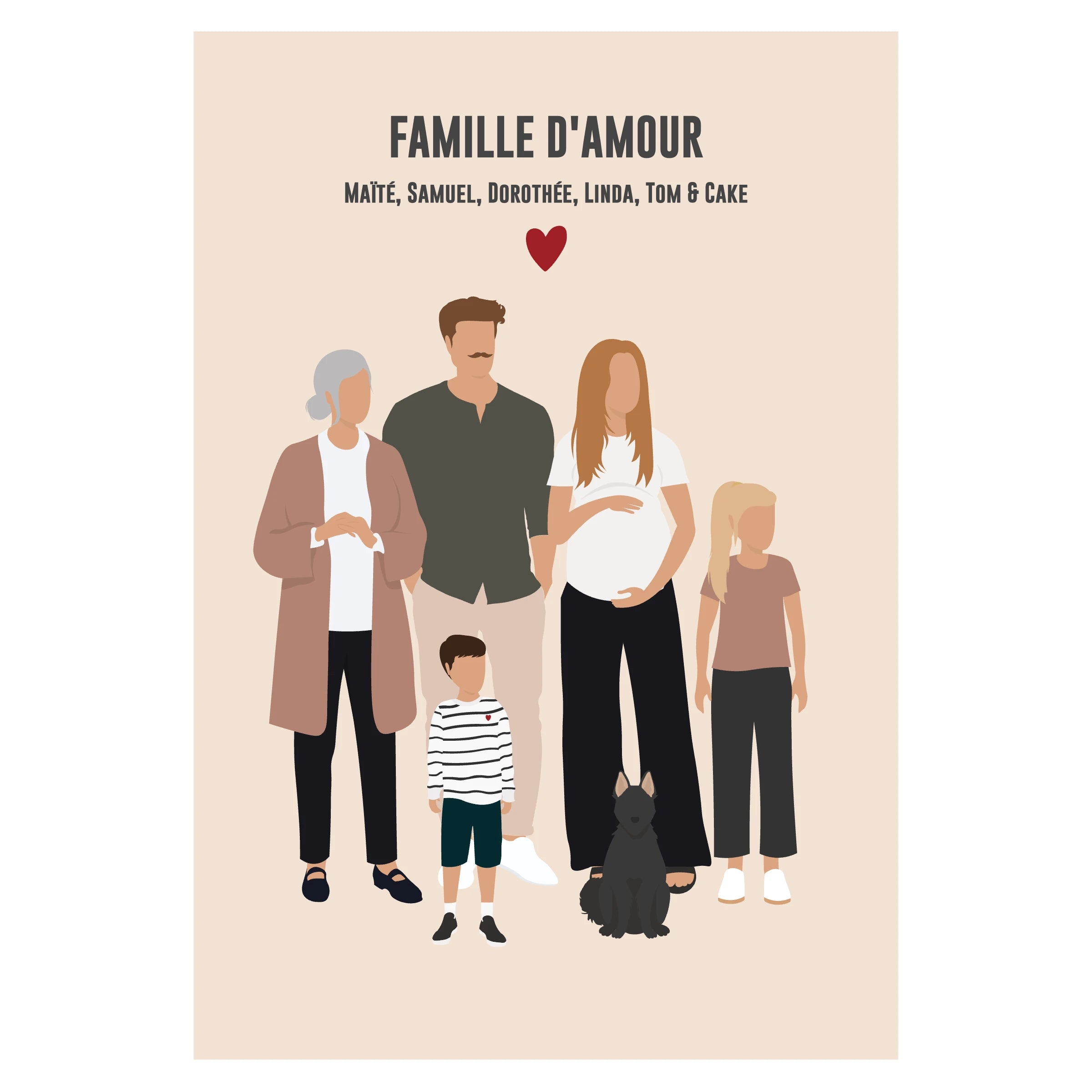 Affiche personnalisée famille sur fond beige - parents, grand-mère, enfants et animaux de compagnie