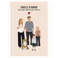 Affiche personnalisée famille sur fond beige - parents, grand-mère, enfants et animaux de compagnie