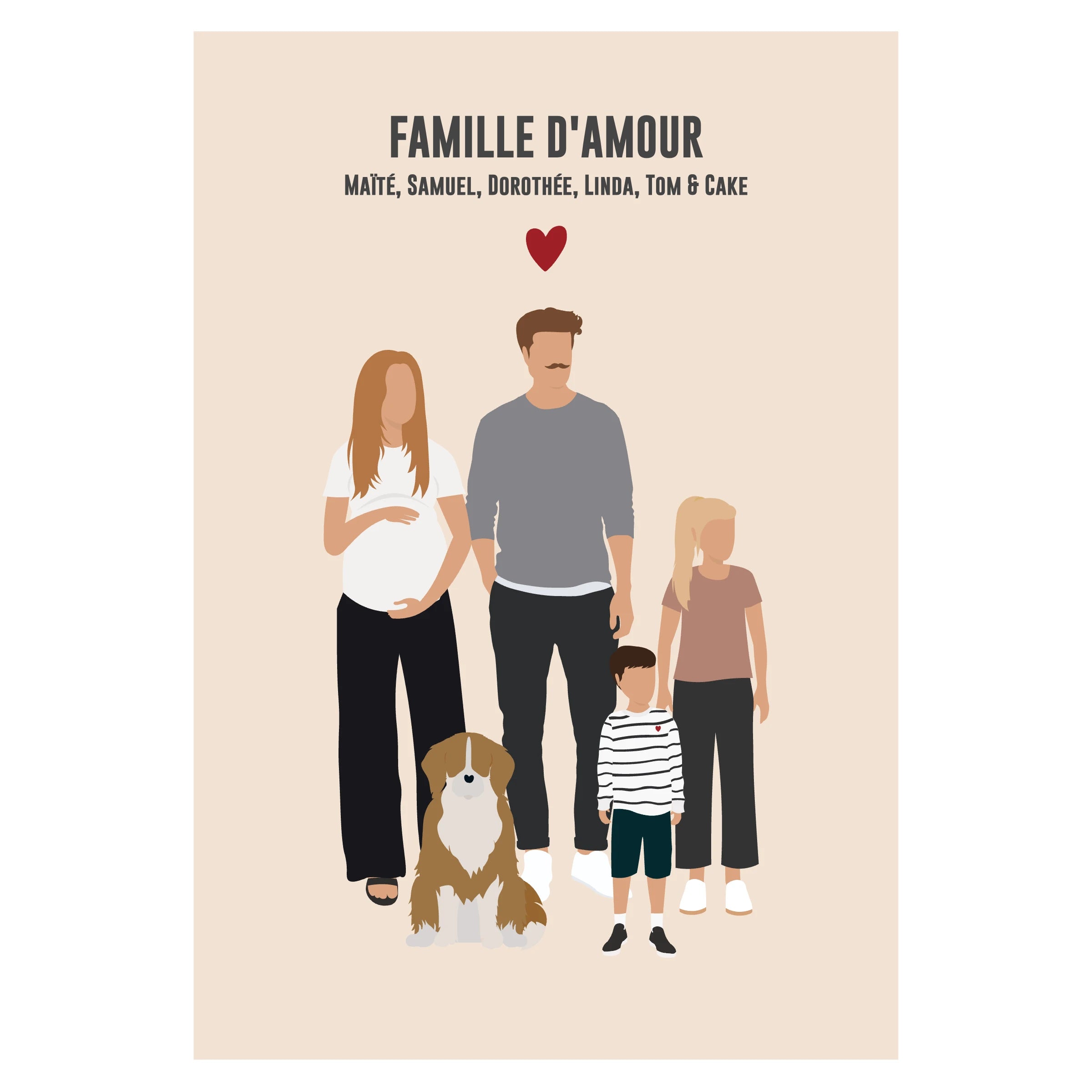 Affiche personnalisée famille sur fond beige - parents, grand-mère, enfants et animaux de compagnie