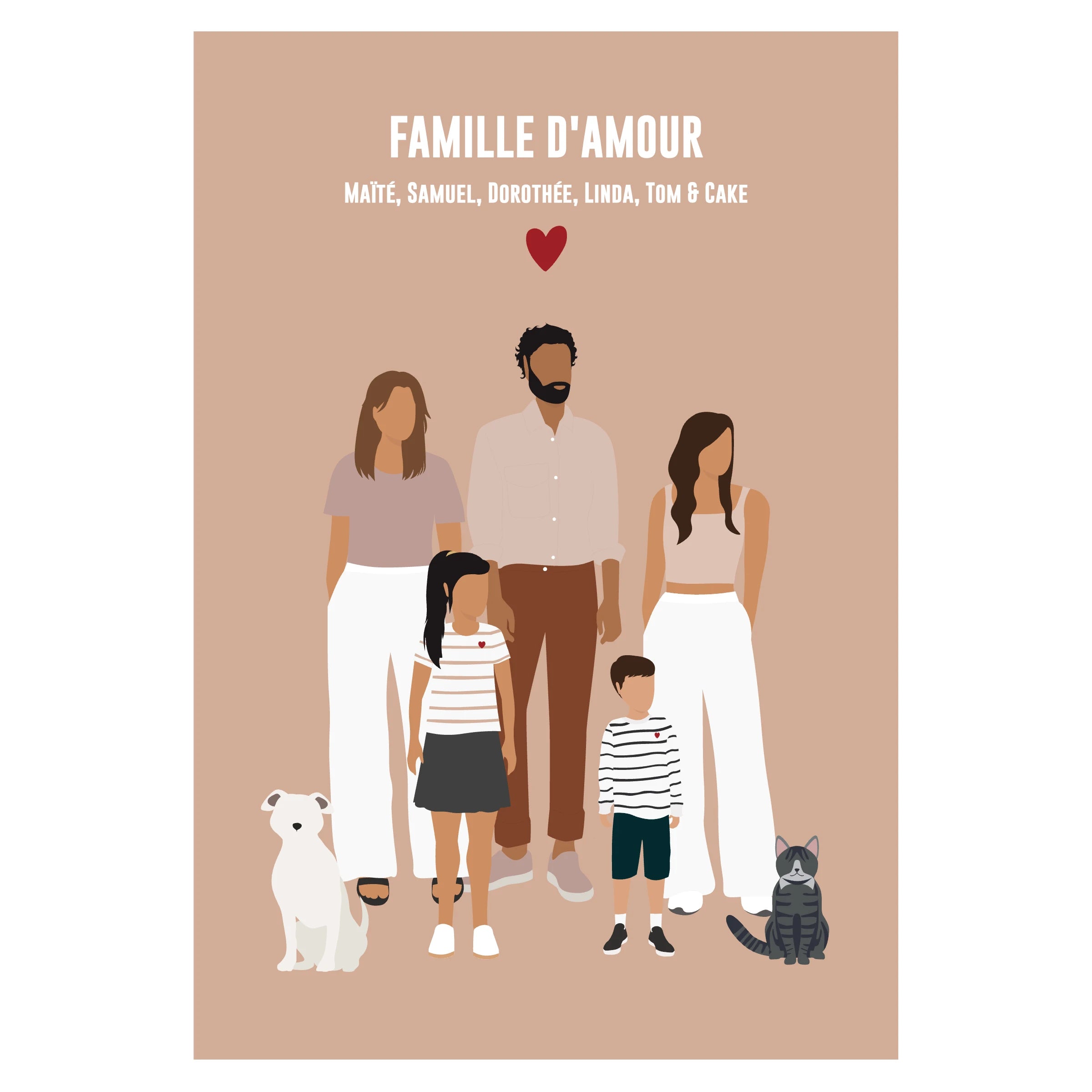 Affiche personnalisée famille sur fond beige - parents, grand-mère, enfants et animaux de compagnie