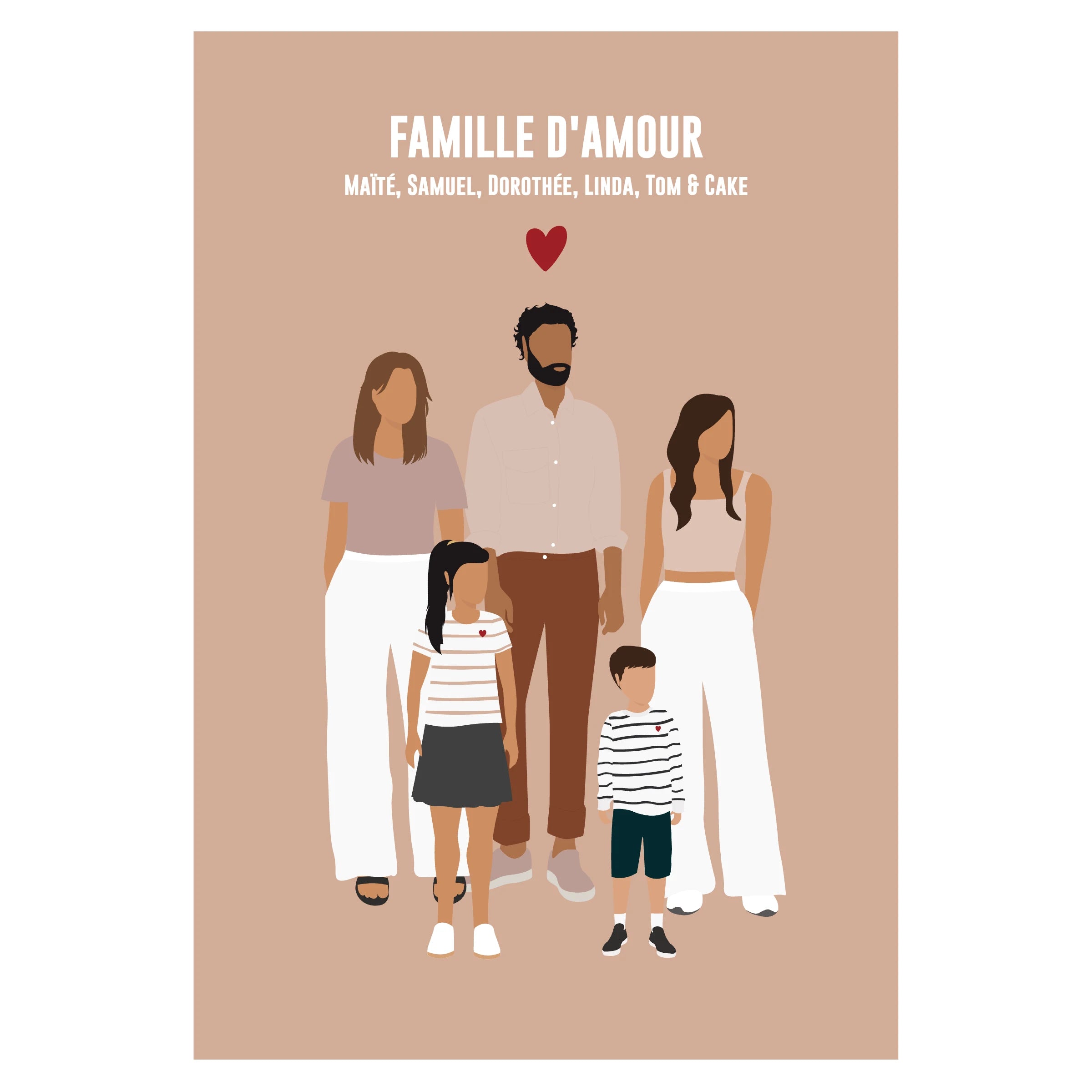 Affiche personnalisée famille sur fond beige - parents, grand-mère, enfants et animaux de compagnie