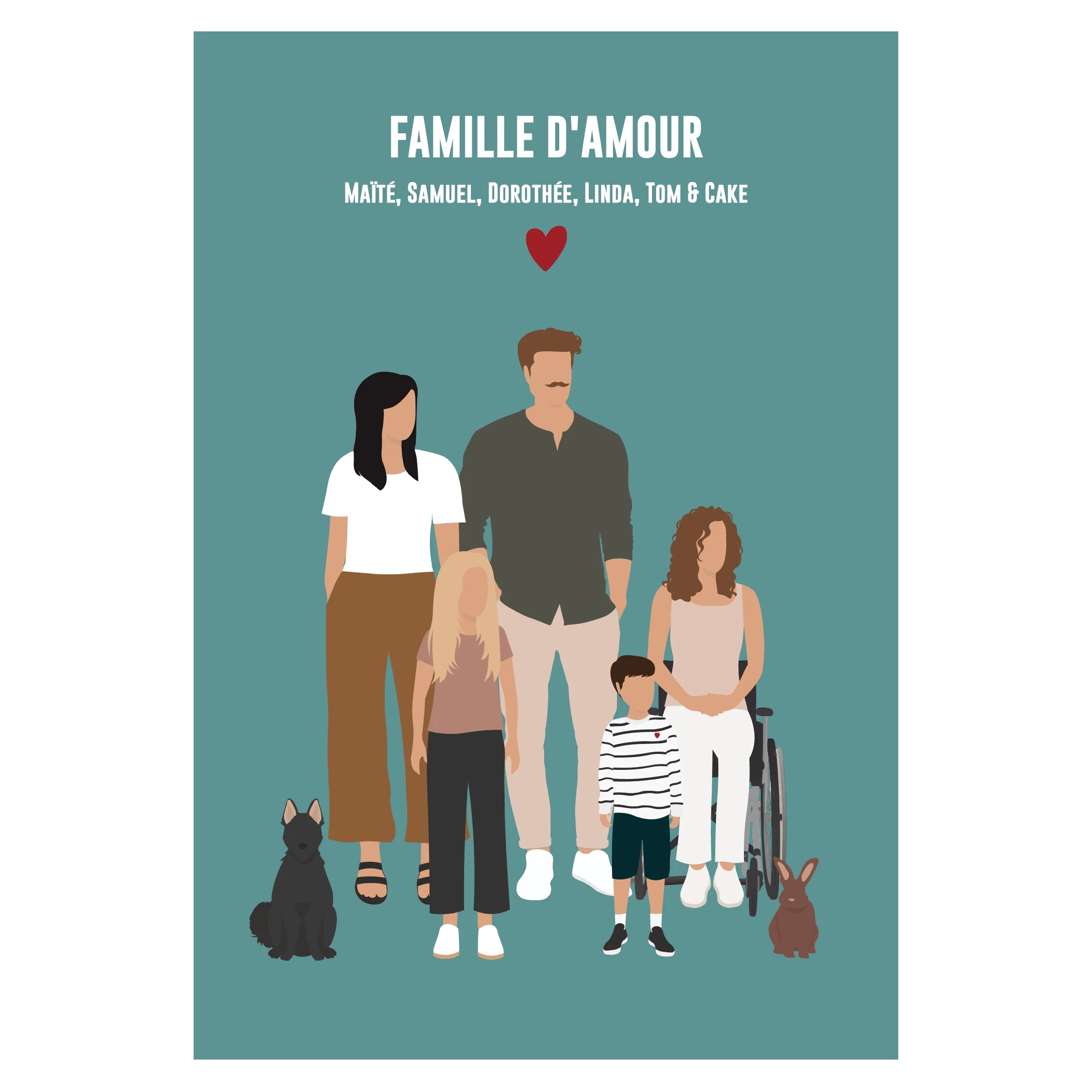 Affiche personnalisée famille sur fond beige - parents, grand-mère, enfants et animaux de compagnie