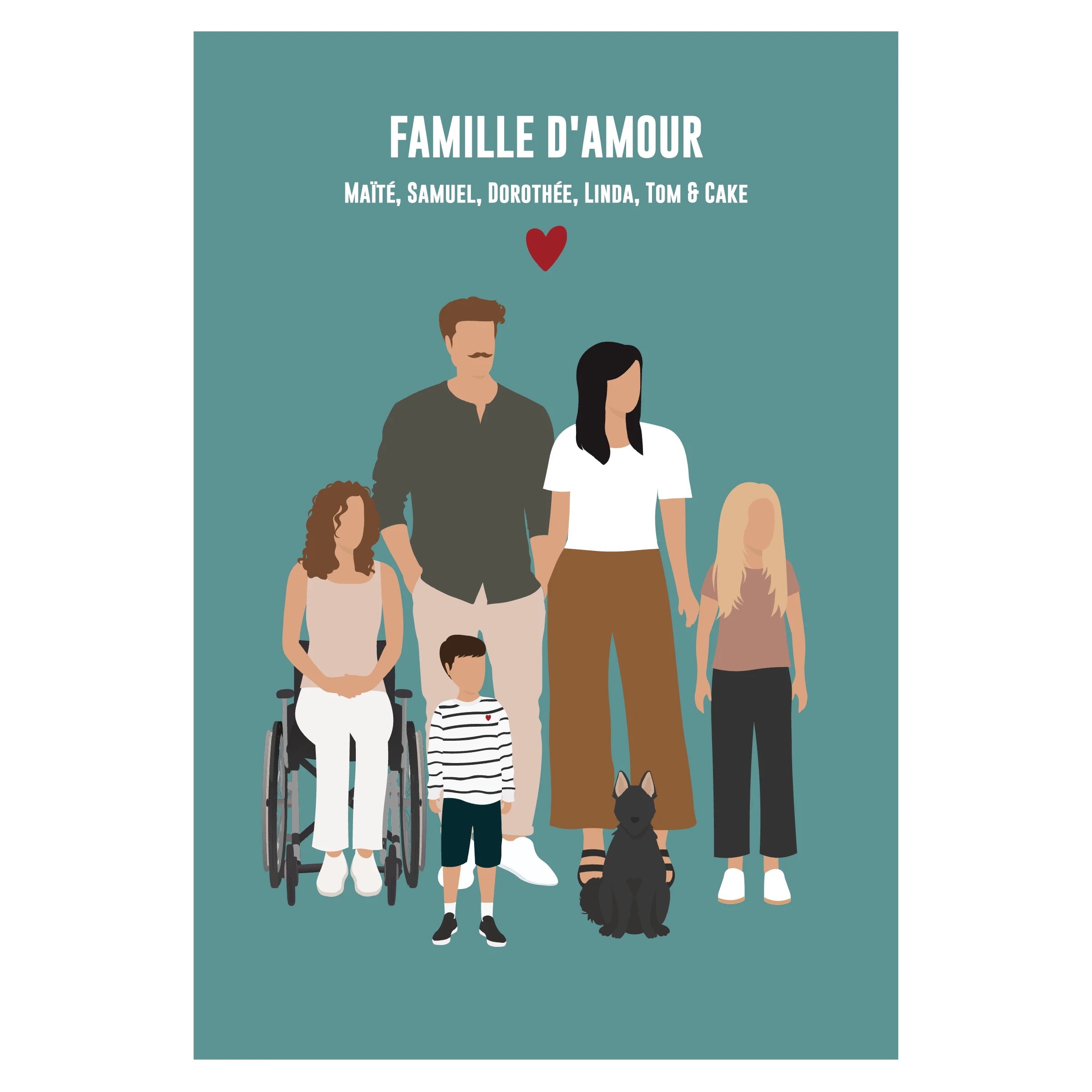 Affiche personnalisée famille sur fond beige - parents, grand-mère, enfants et animaux de compagnie