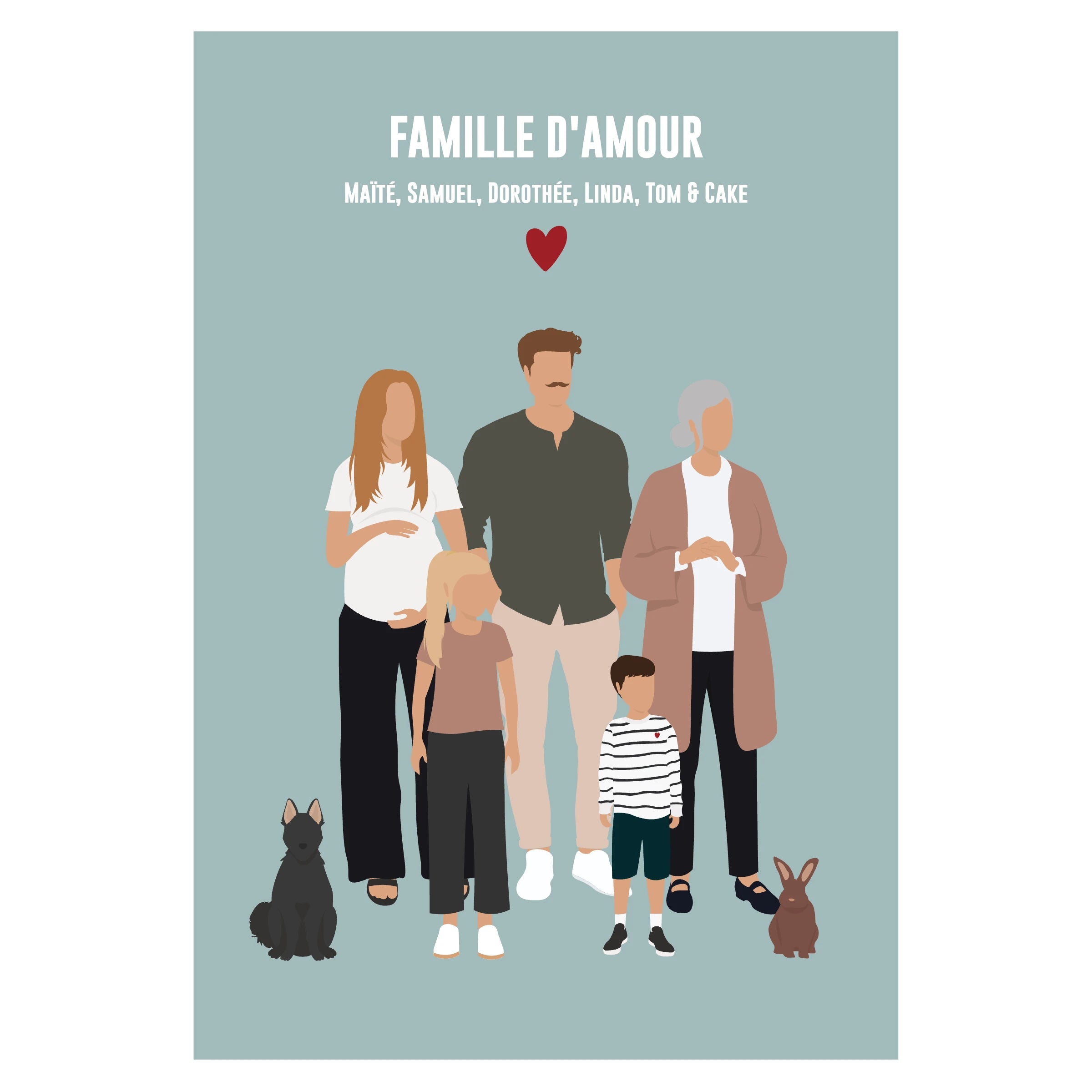 Affiche personnalisée famille sur fond beige - parents, grand-mère, enfants et animaux de compagnie