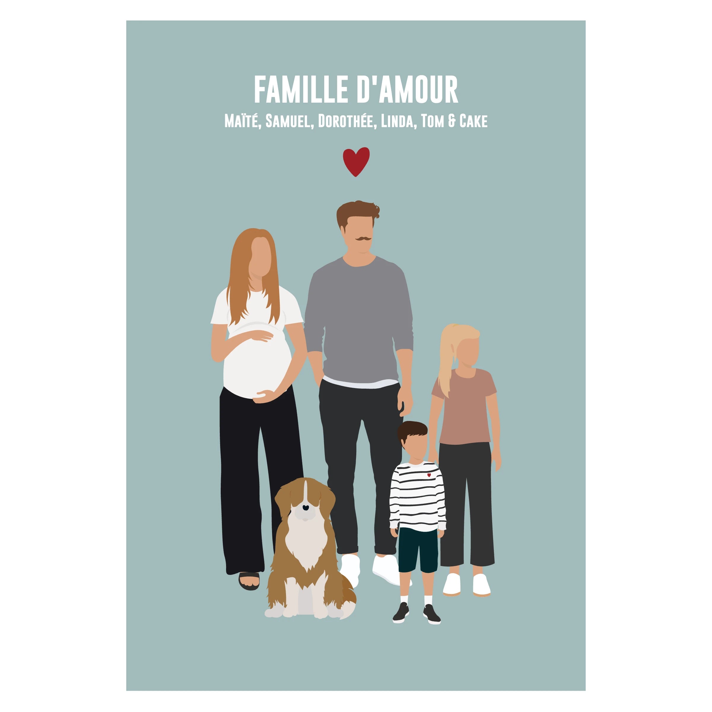 Affiche personnalisée famille sur fond beige - parents, grand-mère, enfants et animaux de compagnie