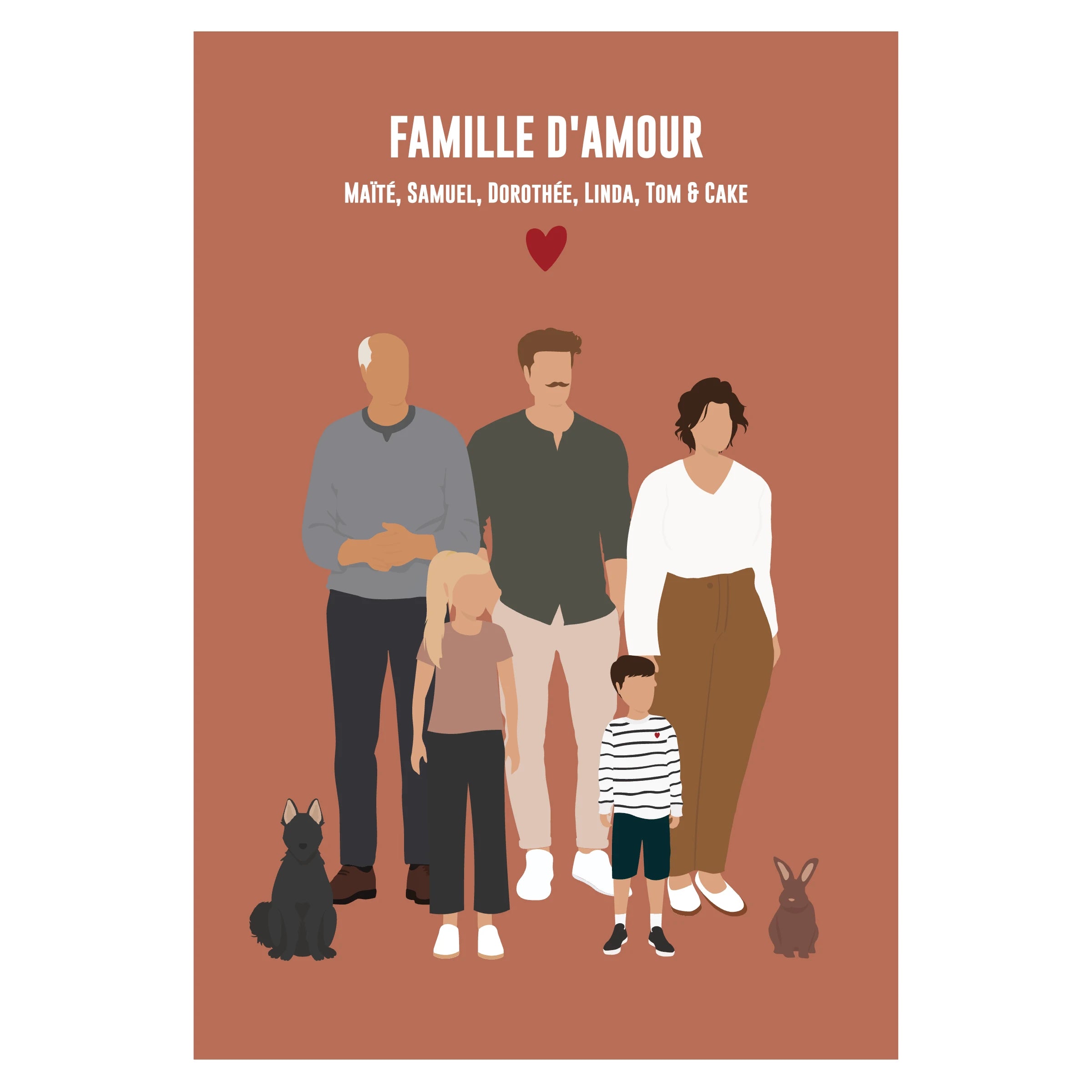 Affiche personnalisée famille sur fond beige - parents, grand-mère, enfants et animaux de compagnie