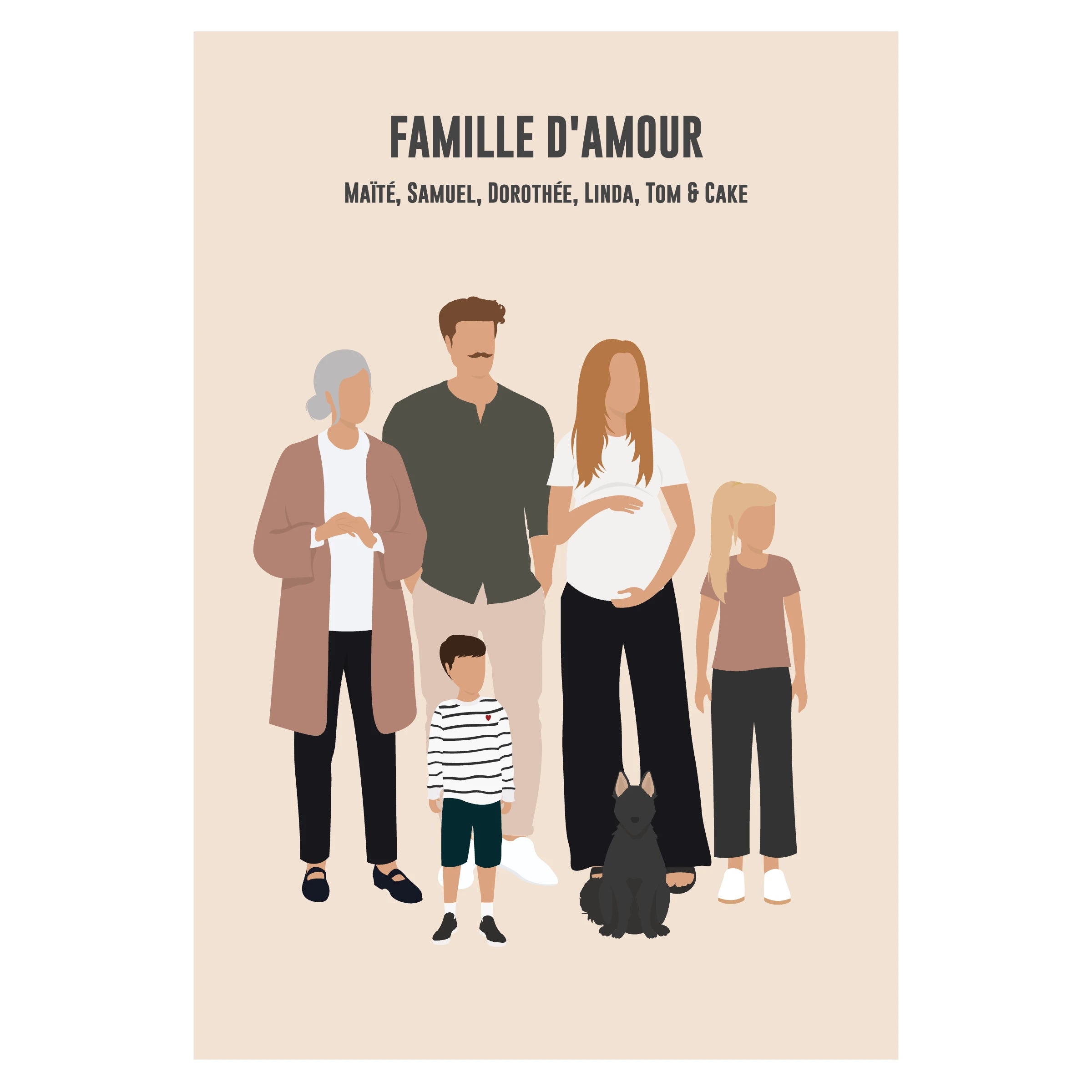 Affiche personnalisée famille sur fond beige - parents, grand-mère, enfants et animaux de compagnie
