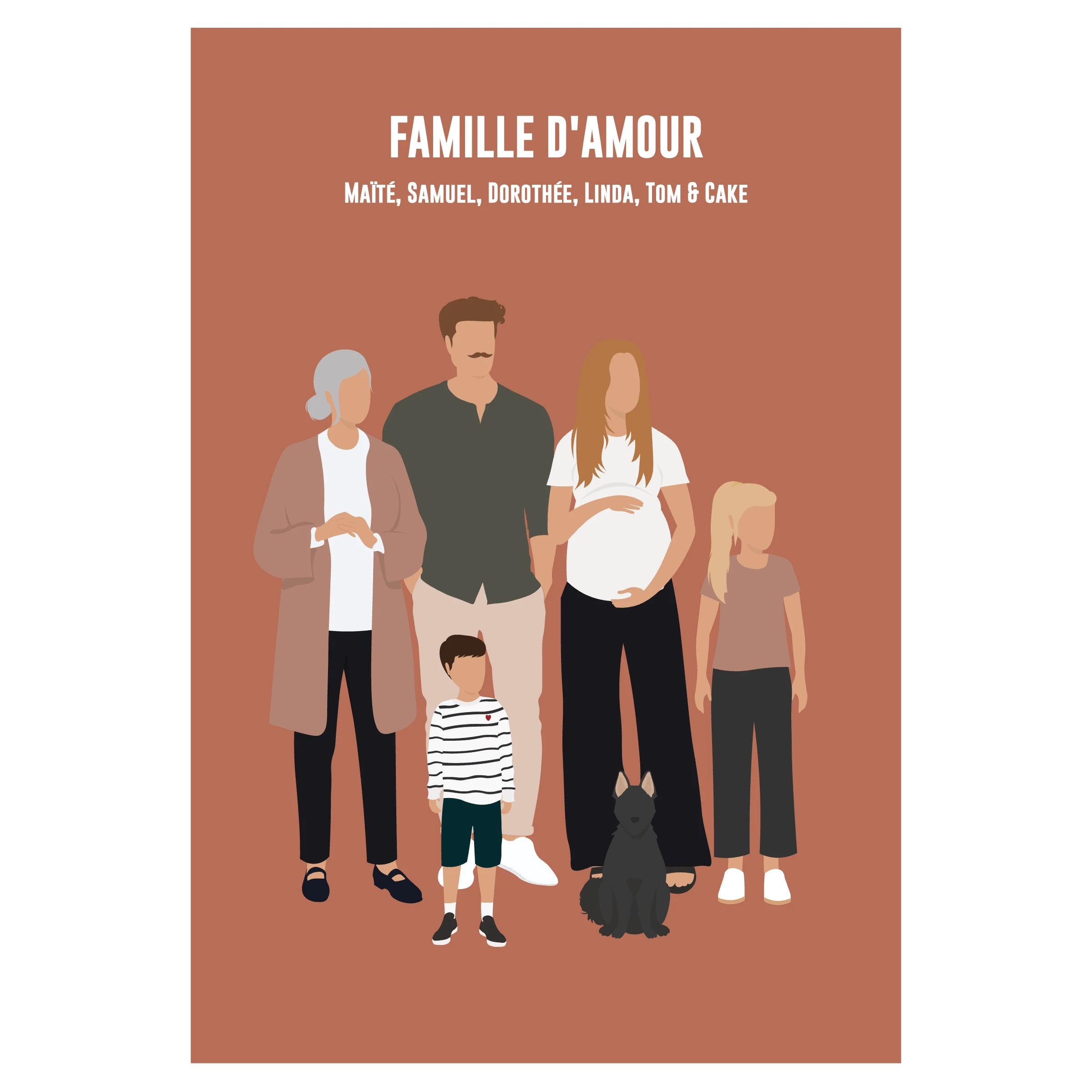 Affiche personnalisée famille sur fond beige - parents, grand-mère, enfants et animaux de compagnie