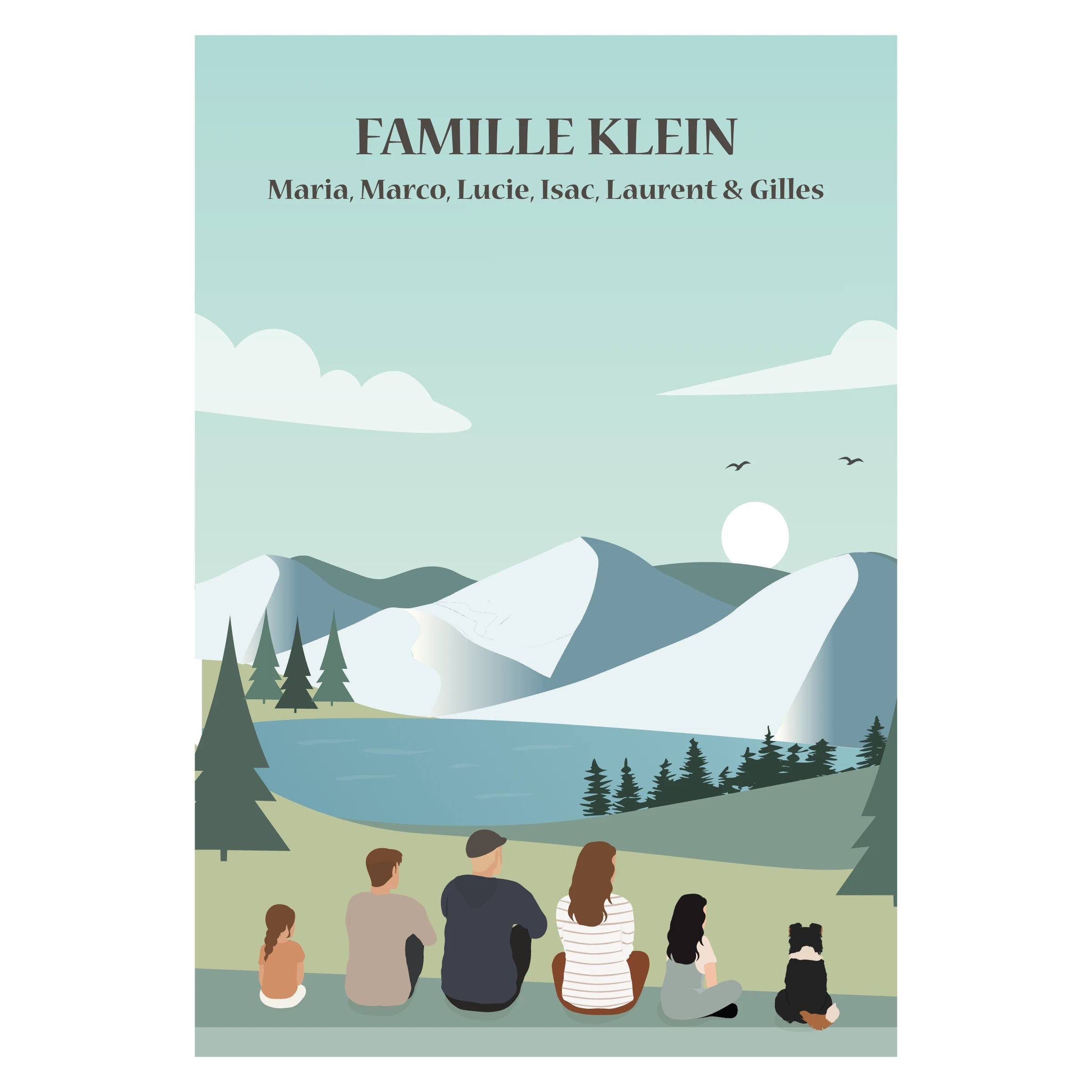 Illustration personnalisable d’une famille assise de dos face à un paysage naturel, représentant parents et enfants contemplant la nature, affiche décorative personnalisée.