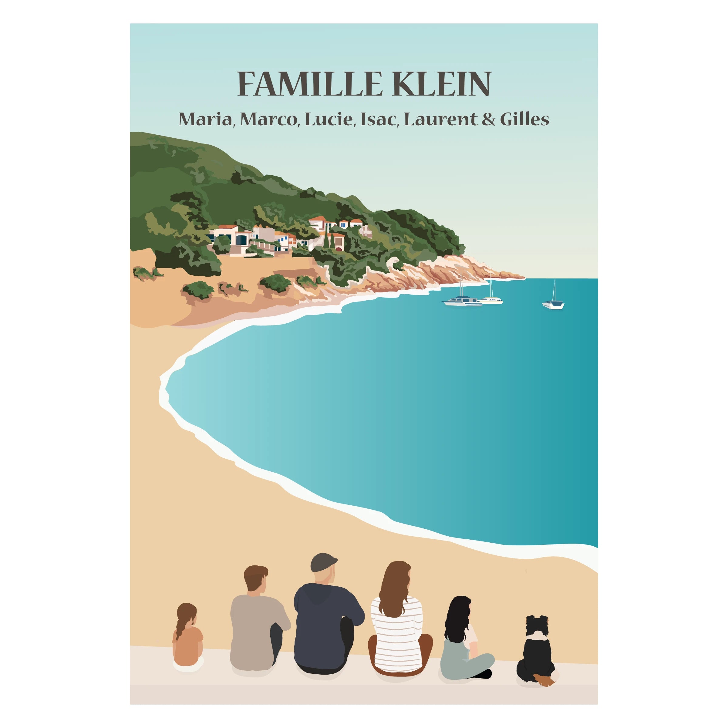 Illustration personnalisable d’une famille assise de dos face à un paysage naturel, représentant parents et enfants contemplant la nature, affiche décorative personnalisée.