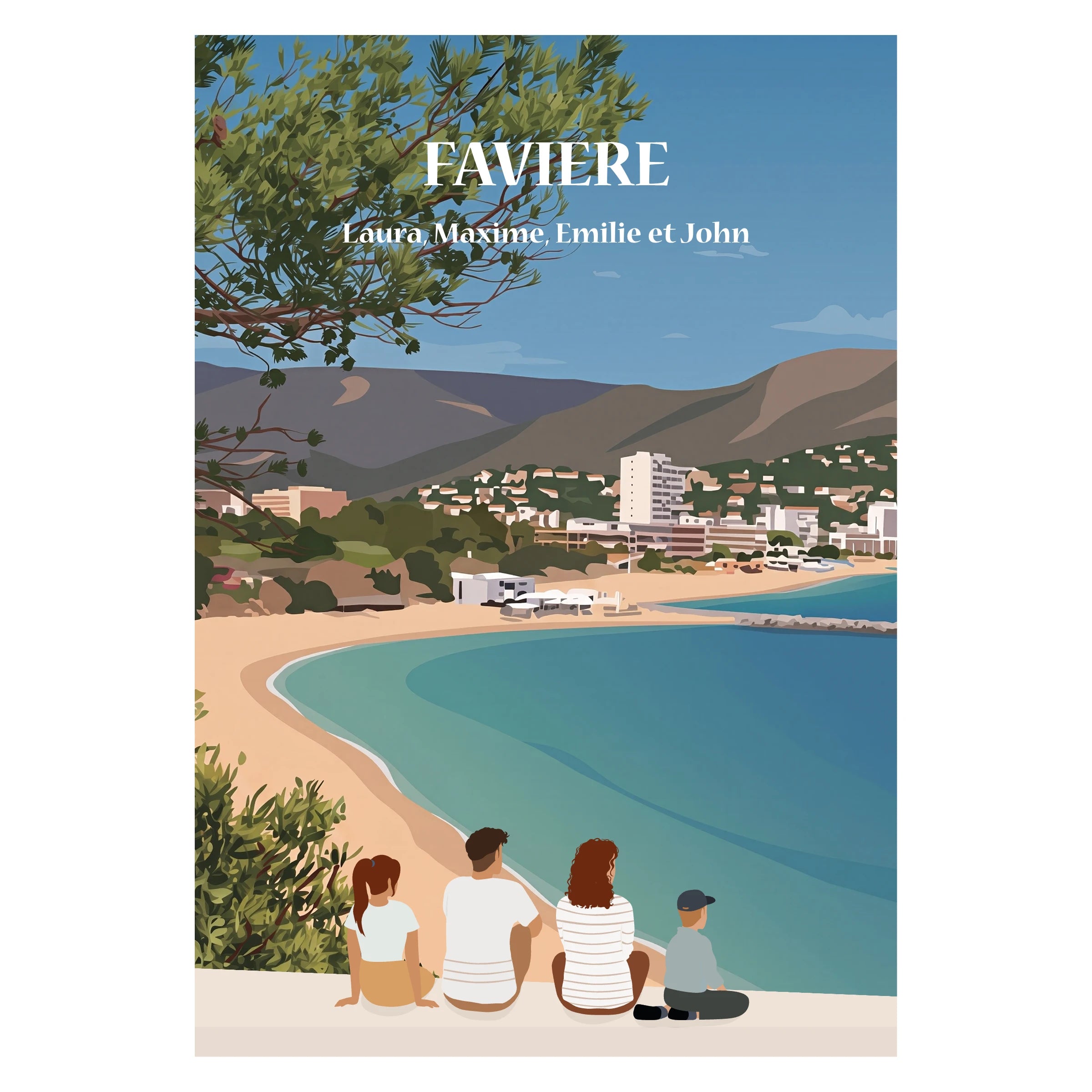 une famille assise sur un banc face à la plage de Favière
